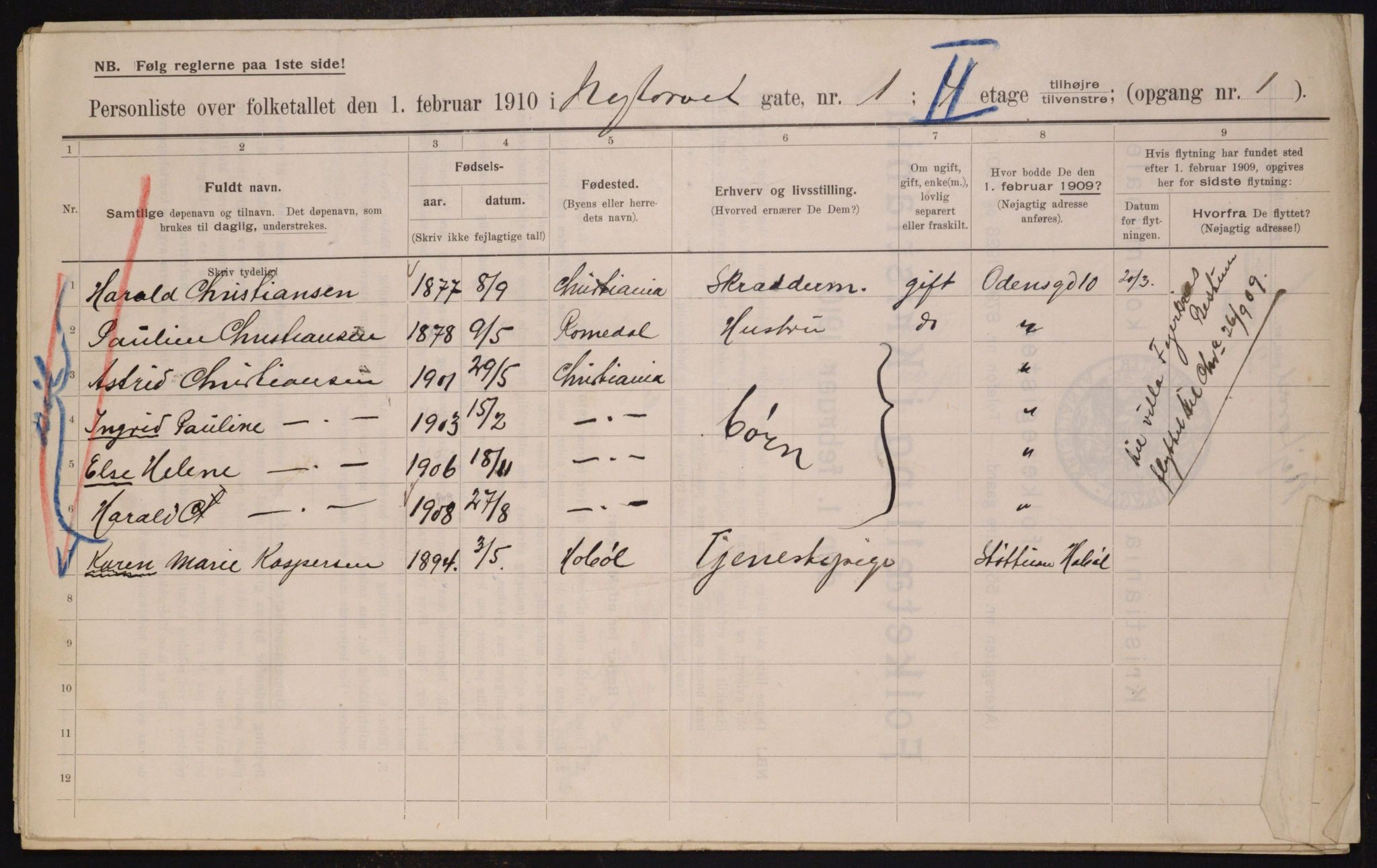 OBA, Municipal Census 1910 for Kristiania, 1910, p. 71482