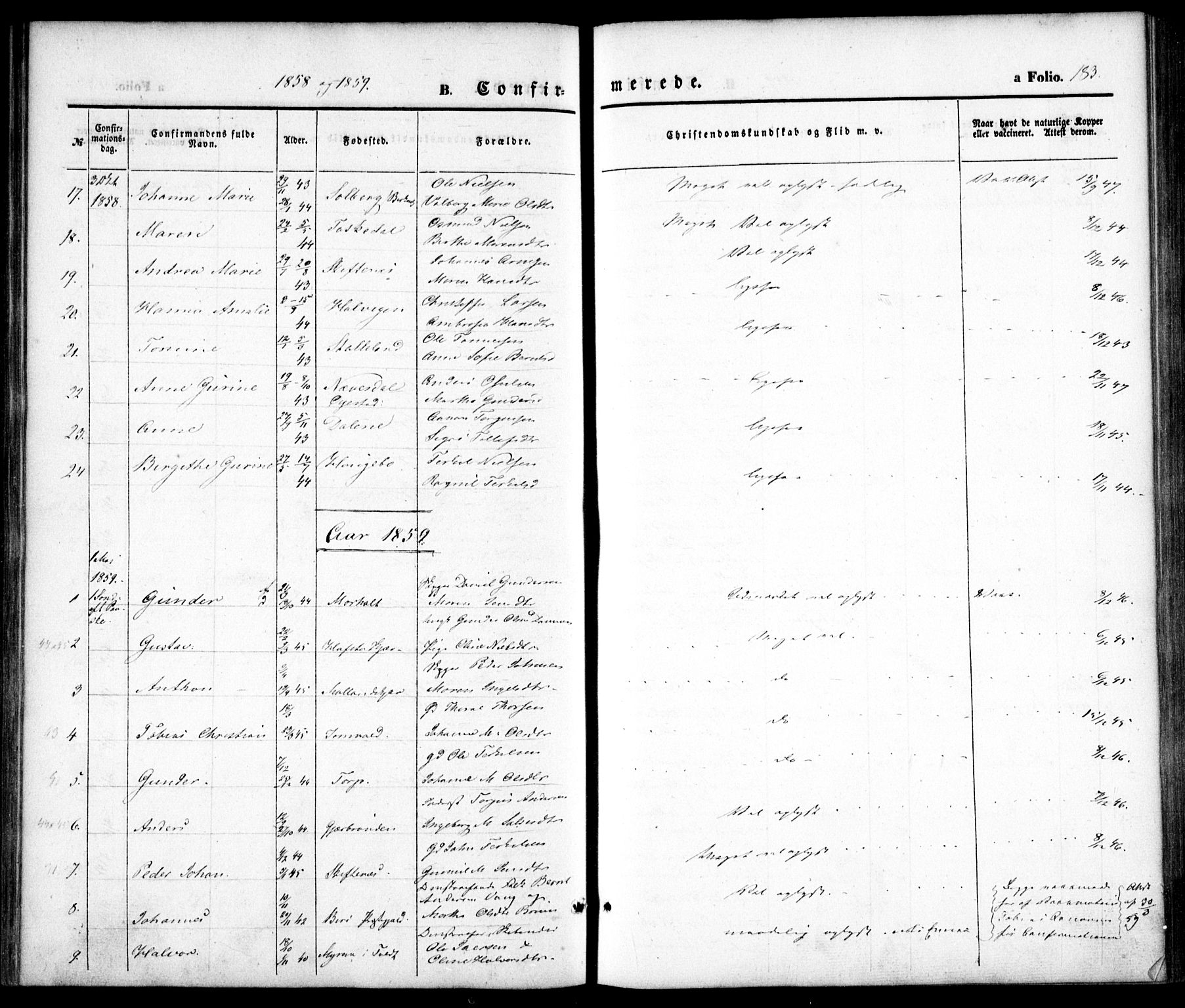 Hommedal sokneprestkontor, AV/SAK-1111-0023/F/Fa/Fab/L0004: Parish register (official) no. A 4, 1848-1860, p. 183