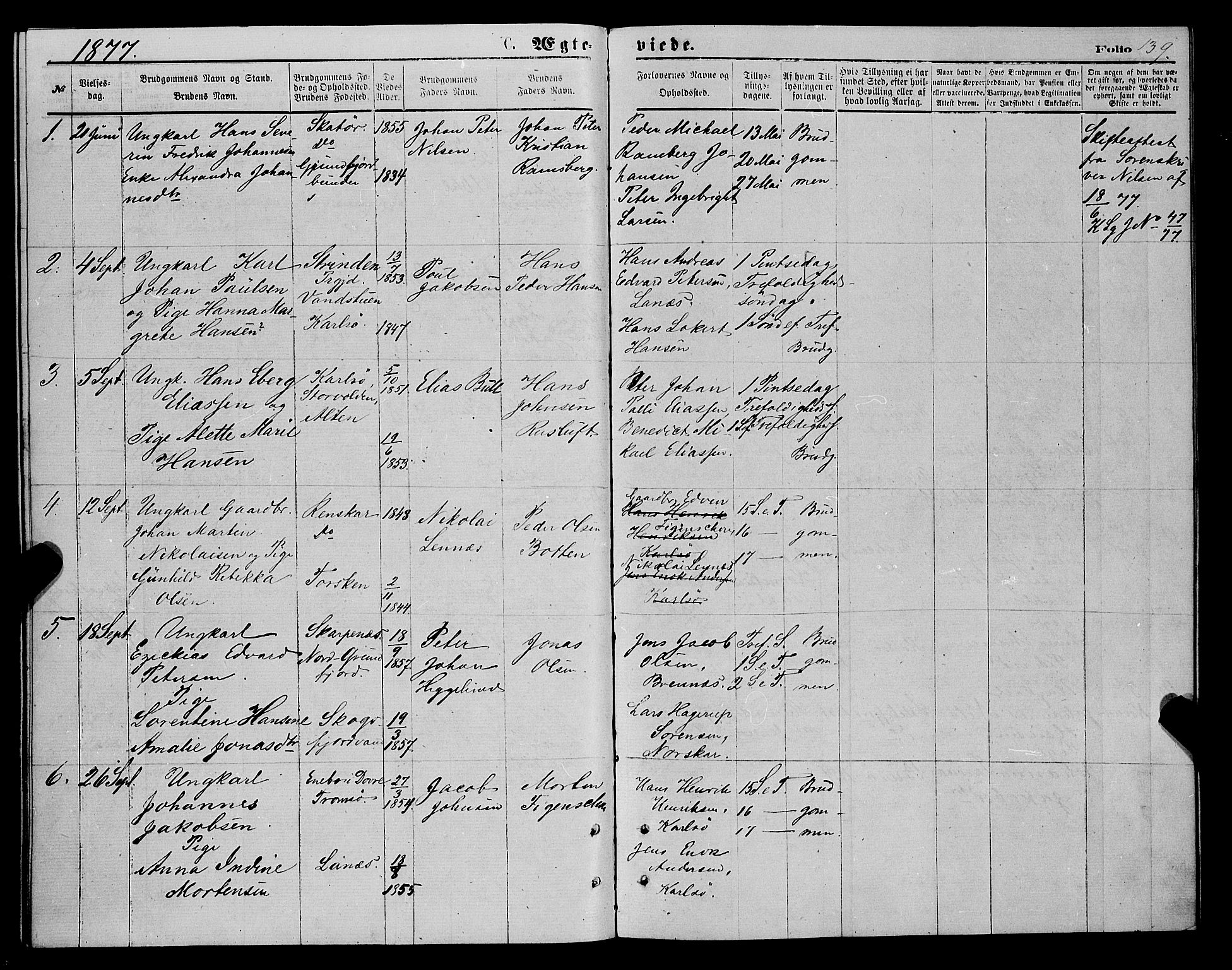 Karlsøy sokneprestembete, SATØ/S-1299/H/Ha/Haa/L0005kirke: Parish register (official) no. 5, 1872-1878, p. 139