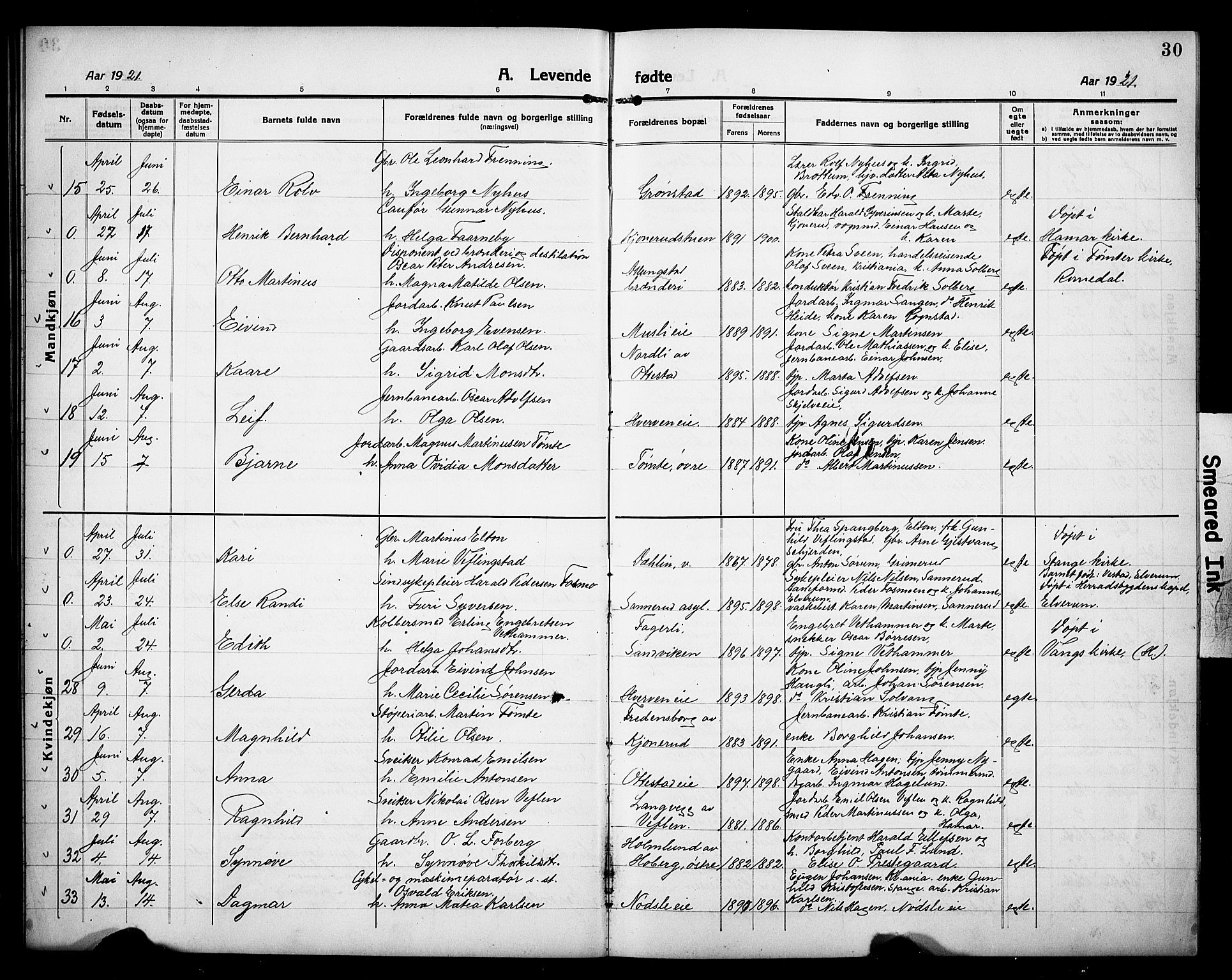 Stange prestekontor, AV/SAH-PREST-002/L/L0015: Parish register (copy) no. 15, 1916-1928, p. 30