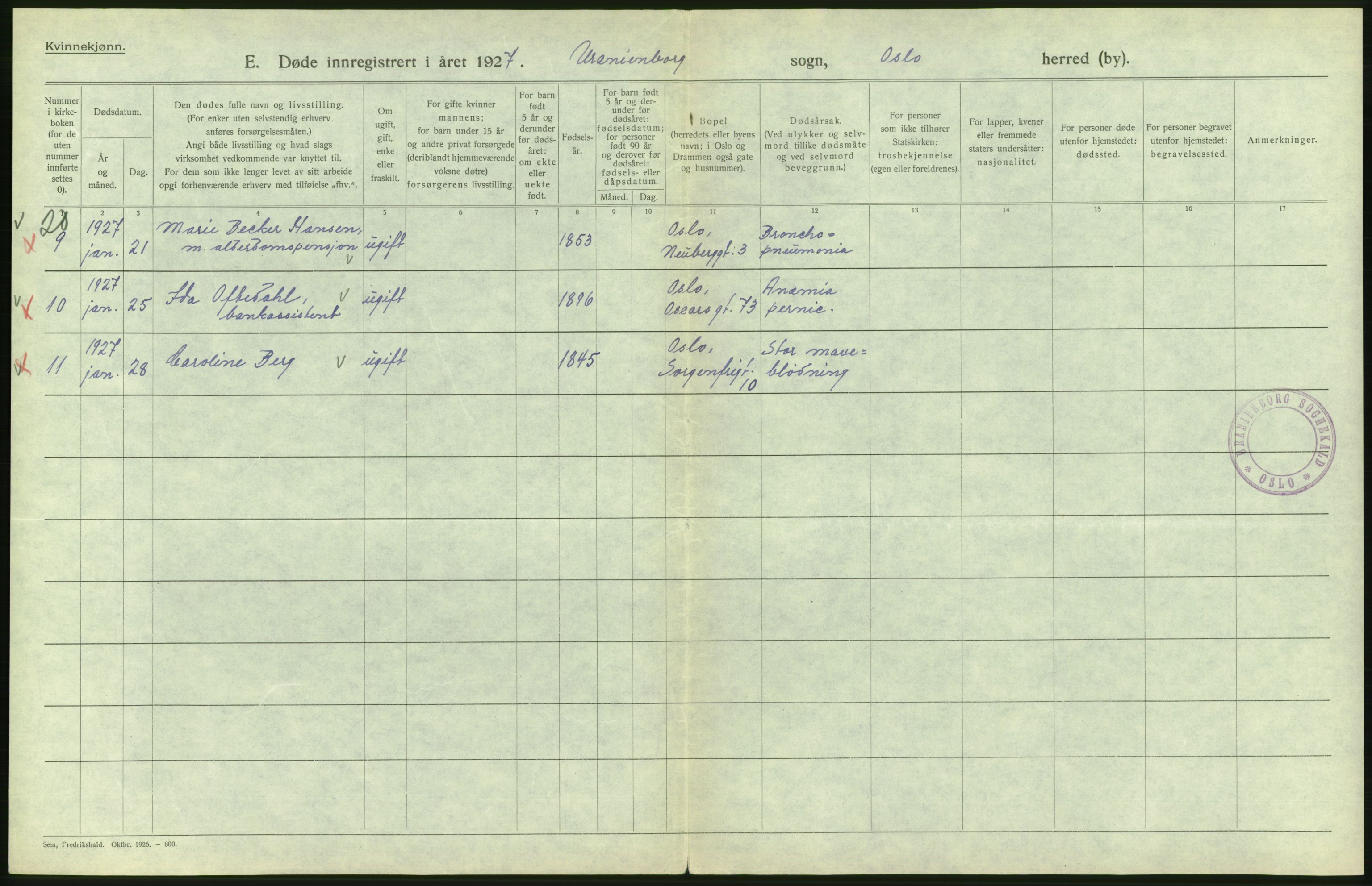 Statistisk sentralbyrå, Sosiodemografiske emner, Befolkning, AV/RA-S-2228/D/Df/Dfc/Dfcg/L0010: Oslo: Døde kvinner, dødfødte, 1927, p. 272