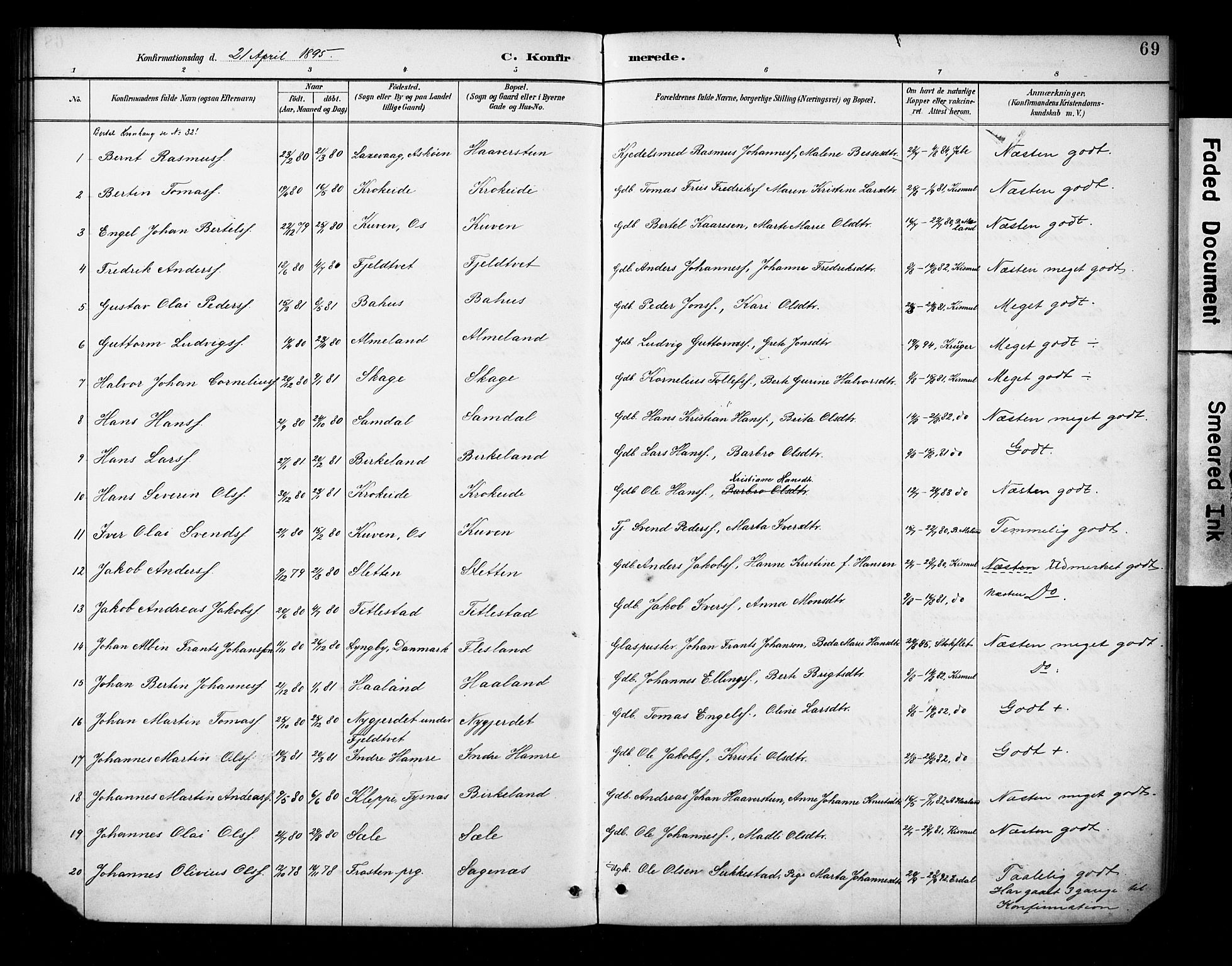 Fana Sokneprestembete, SAB/A-75101/H/Haa/Haab/L0002: Parish register (official) no. B 2, 1890-1897, p. 69