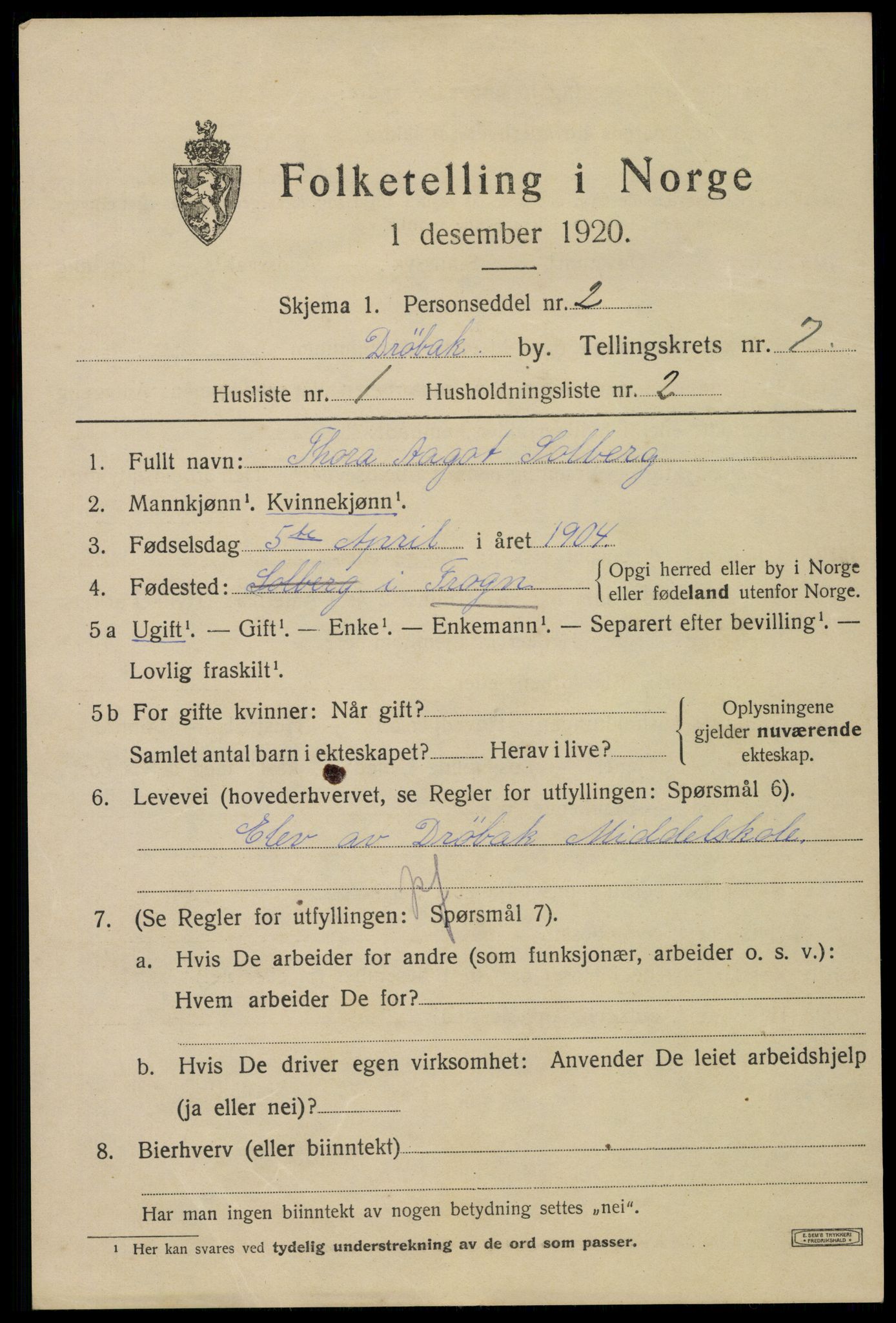 SAO, 1920 census for Drøbak, 1920, p. 5557