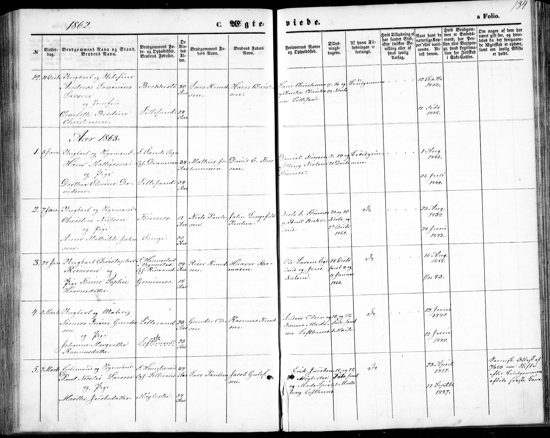 Vestre Moland sokneprestkontor, SAK/1111-0046/F/Fb/Fbb/L0004: Parish register (copy) no. B 4, 1861-1872, p. 184