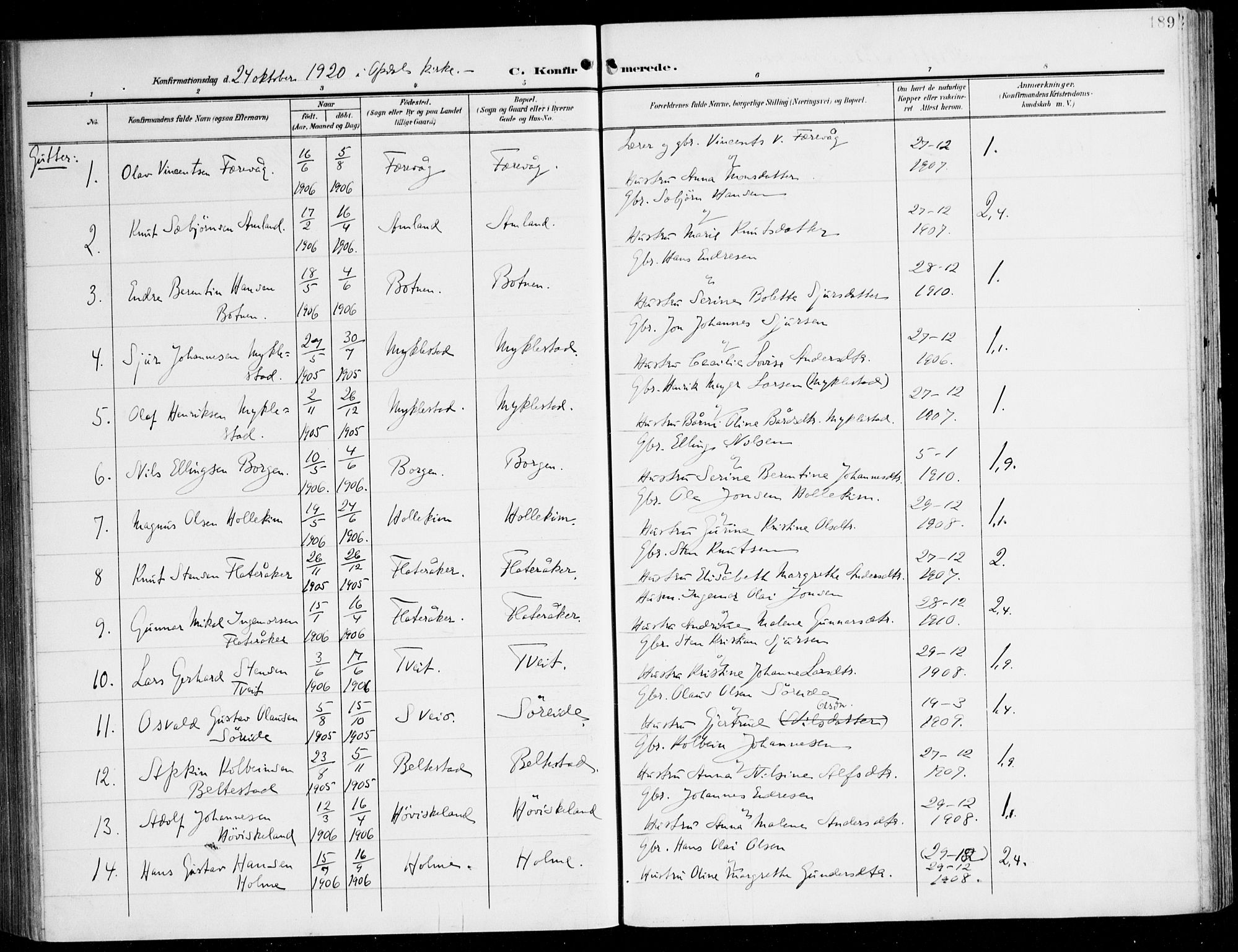 Tysnes sokneprestembete, AV/SAB-A-78601/H/Haa: Parish register (official) no. D 2, 1905-1922, p. 189