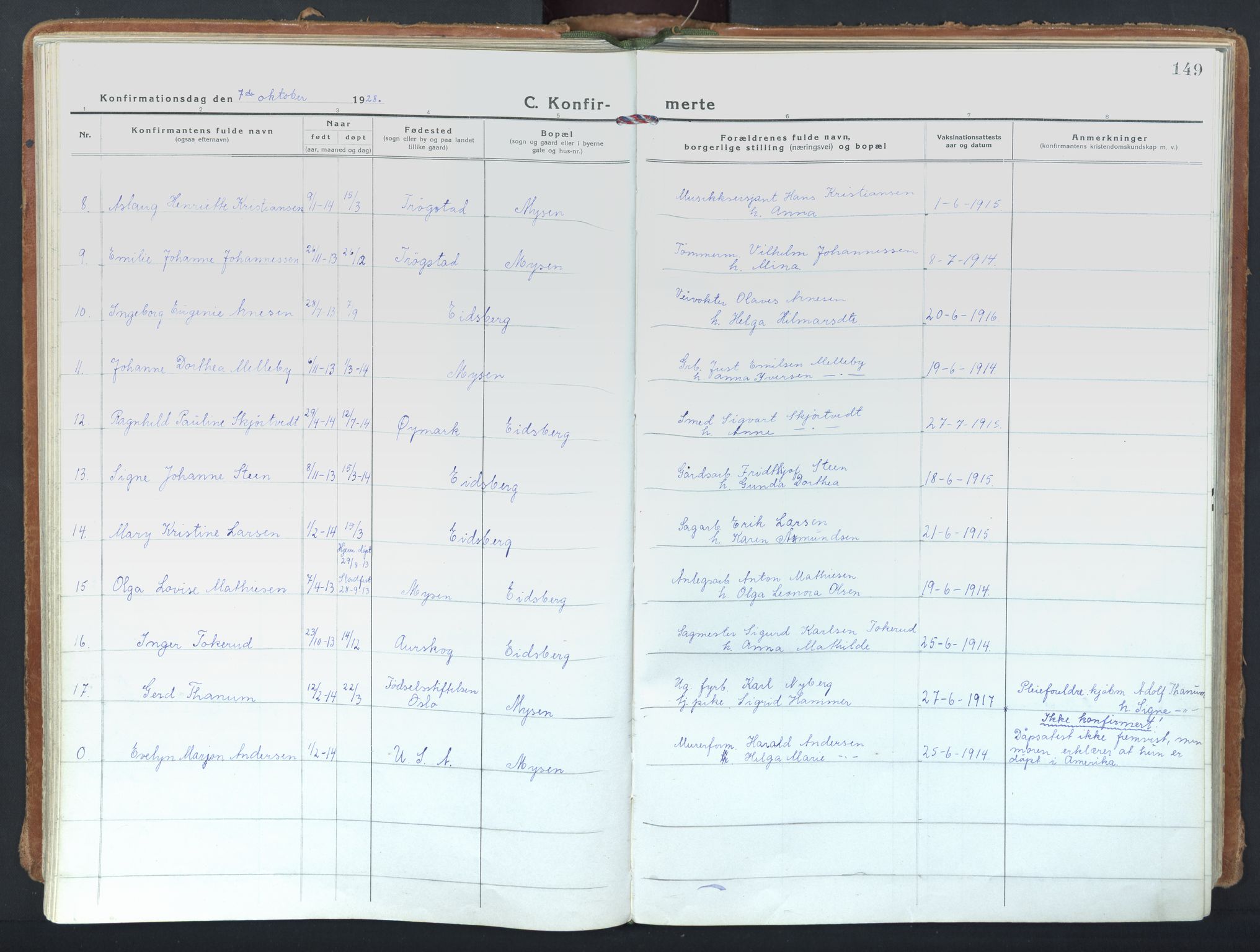 Eidsberg prestekontor Kirkebøker, AV/SAO-A-10905/F/Fd/L0001: Parish register (official) no. IV 1, 1921-1948, p. 149