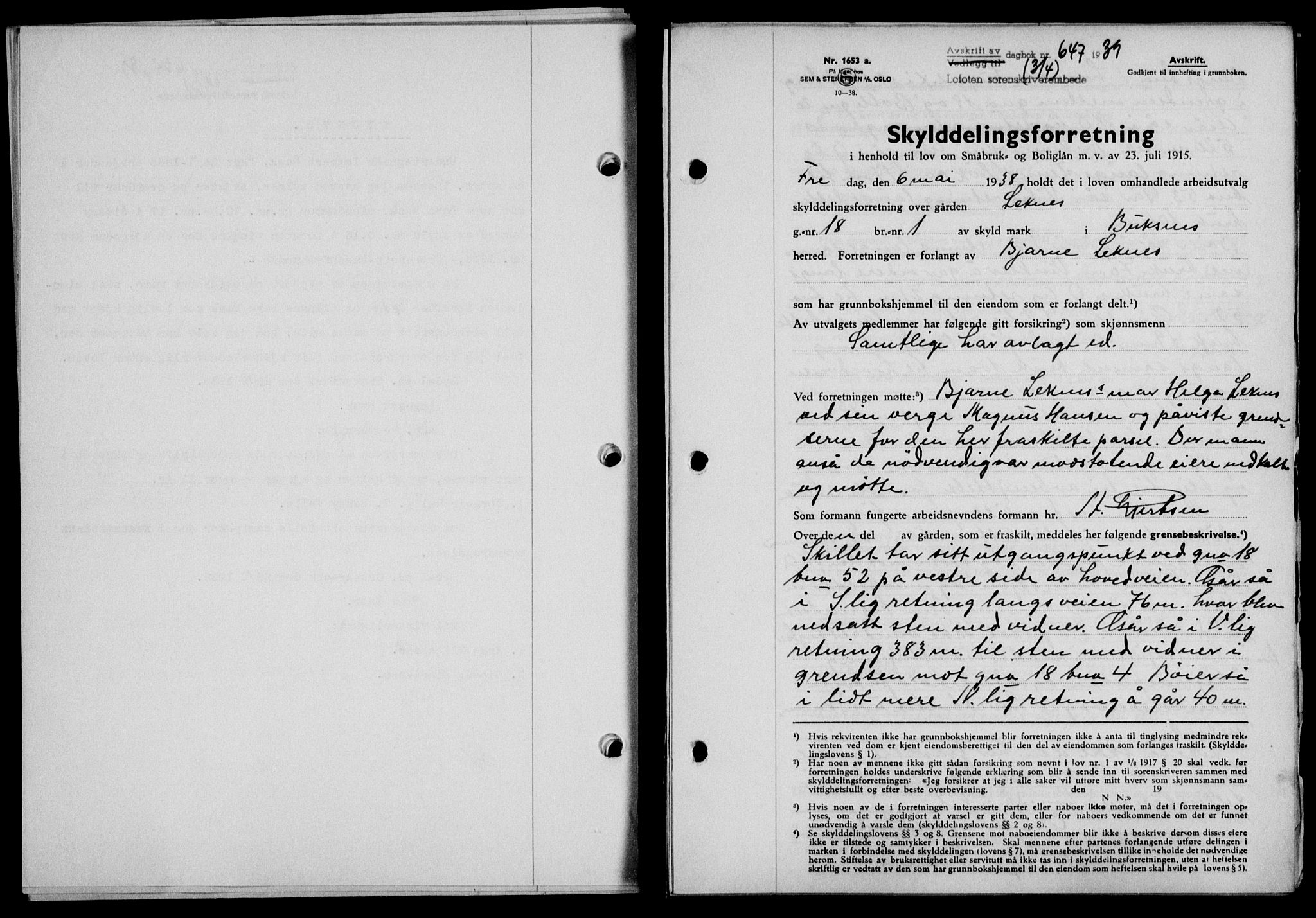 Lofoten sorenskriveri, SAT/A-0017/1/2/2C/L0005a: Mortgage book no. 5a, 1939-1939, Diary no: : 647/1939