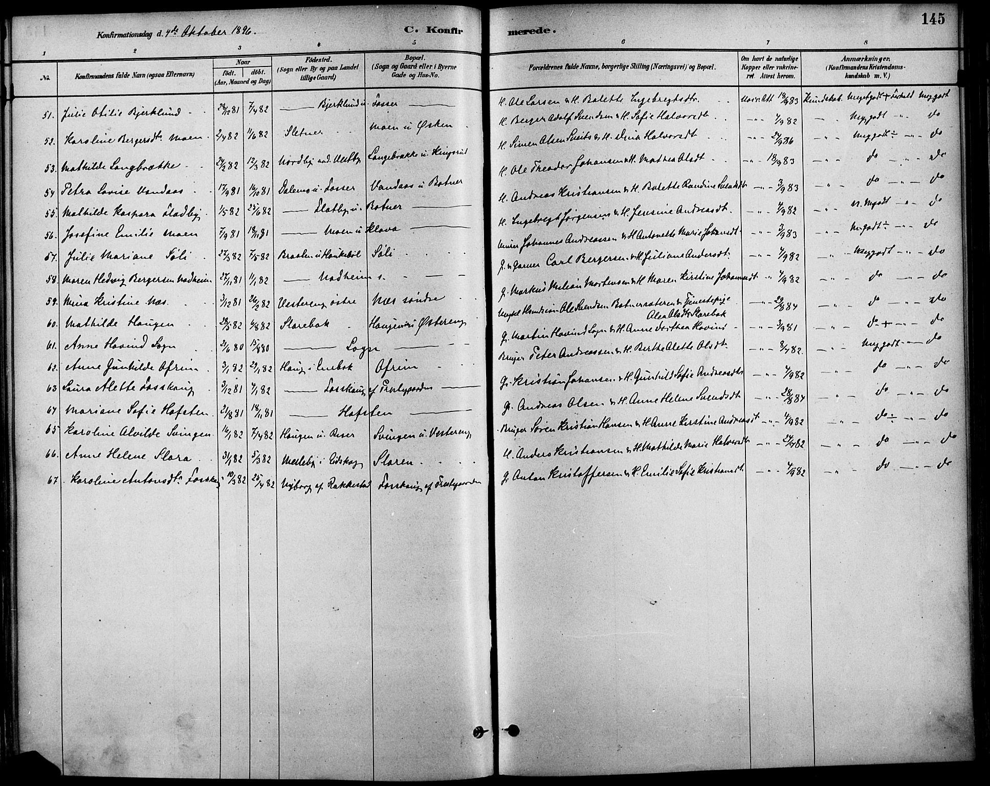 Høland prestekontor Kirkebøker, SAO/A-10346a/F/Fa/L0013: Parish register (official) no. I 13, 1880-1897, p. 145