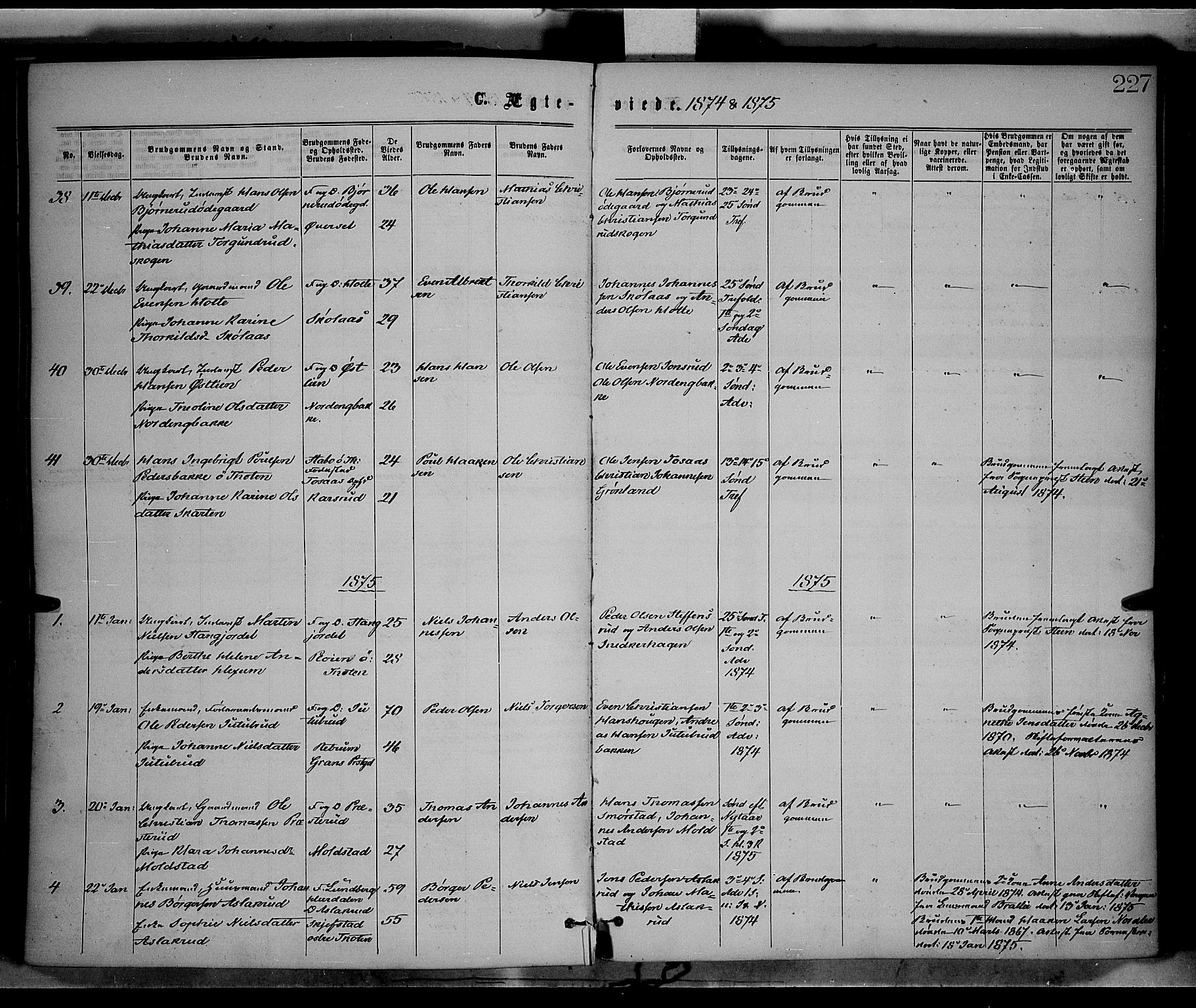 Vestre Toten prestekontor, SAH/PREST-108/H/Ha/Haa/L0008: Parish register (official) no. 8, 1870-1877, p. 227