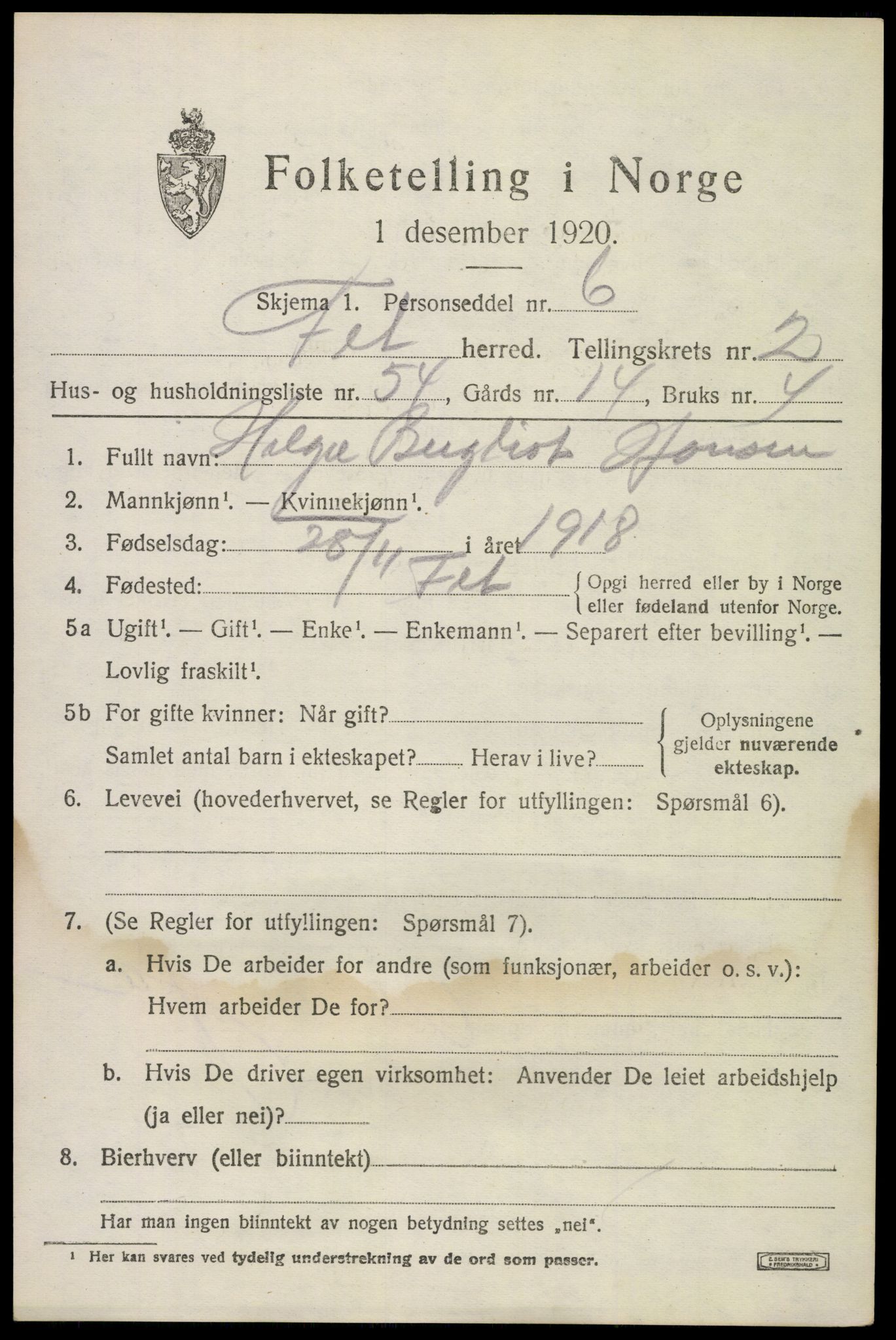 SAO, 1920 census for Fet, 1920, p. 3594