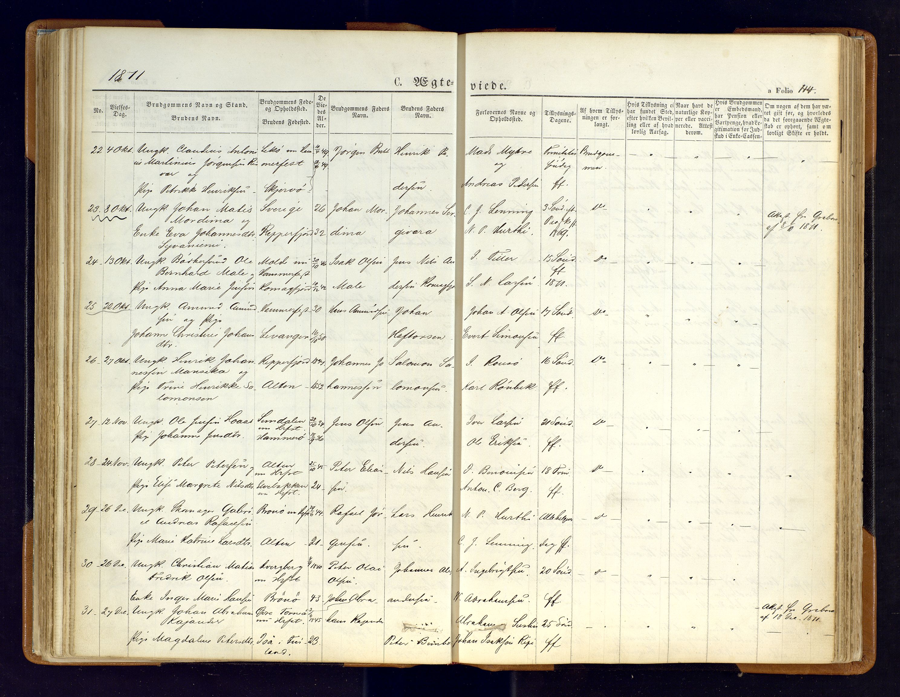 Hammerfest sokneprestkontor, AV/SATØ-S-1347/H/Ha/L0006.kirke: Parish register (official) no. 6, 1869-1877, p. 114