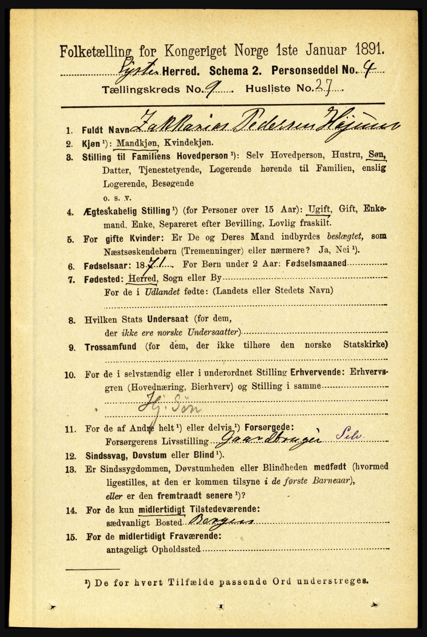 RA, 1891 census for 1426 Luster, 1891, p. 2949