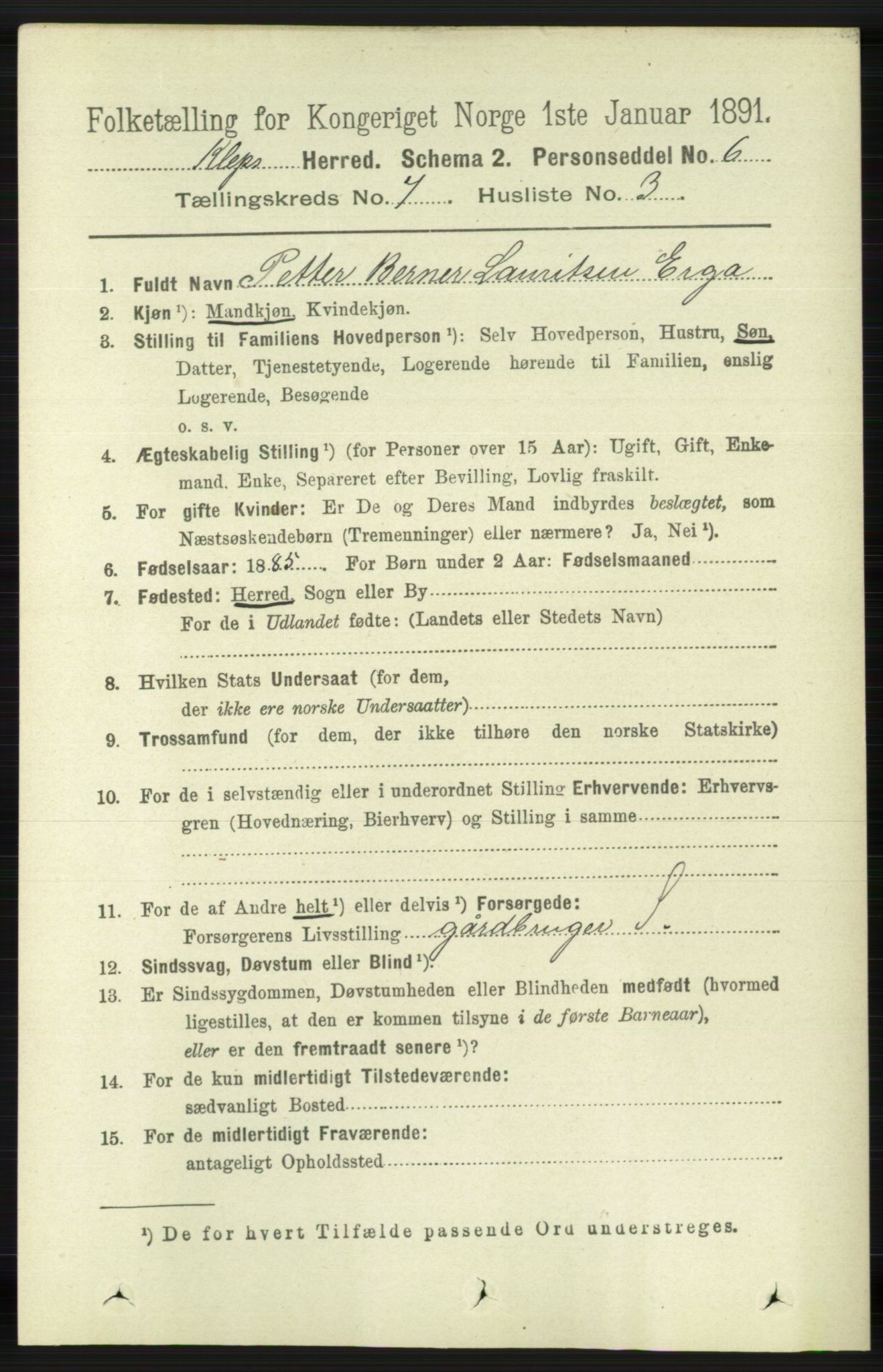 RA, 1891 census for 1120 Klepp, 1891, p. 2131