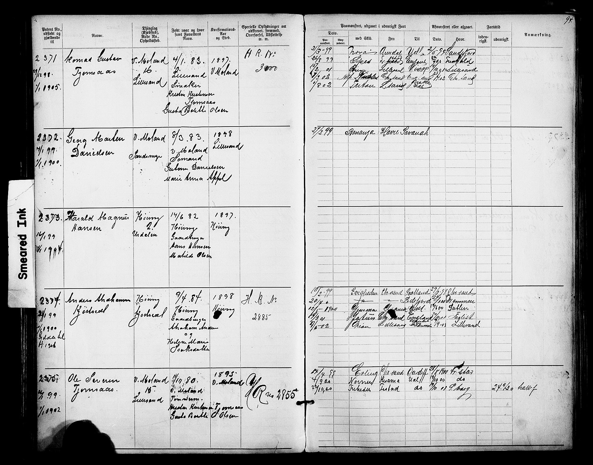 Lillesand mønstringskrets, AV/SAK-2031-0014/F/Fa/L0003: Annotasjonsrulle nr 1911-3489 med register, W-9, 1891-1932, p. 122