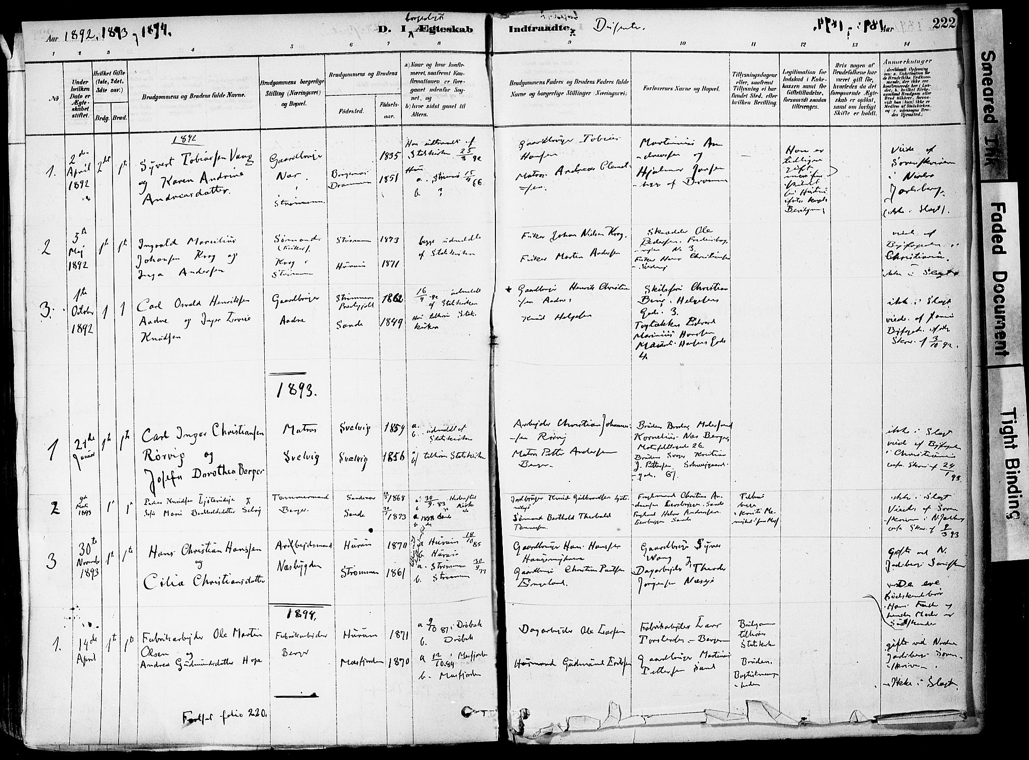 Strømm kirkebøker, AV/SAKO-A-322/F/Fa/L0004: Parish register (official) no. I 4, 1878-1899, p. 222