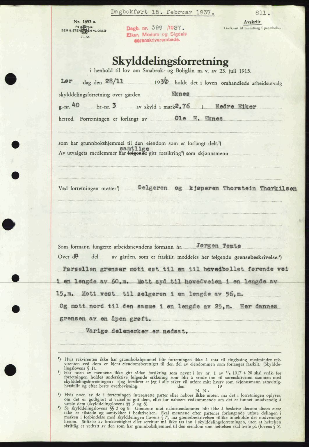 Eiker, Modum og Sigdal sorenskriveri, SAKO/A-123/G/Ga/Gab/L0034: Mortgage book no. A4, 1936-1937, Diary no: : 399/1937