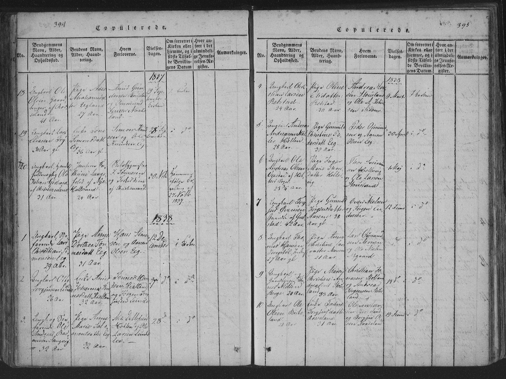Søgne sokneprestkontor, SAK/1111-0037/F/Fa/Fab/L0008: Parish register (official) no. A 8, 1821-1838, p. 394-395