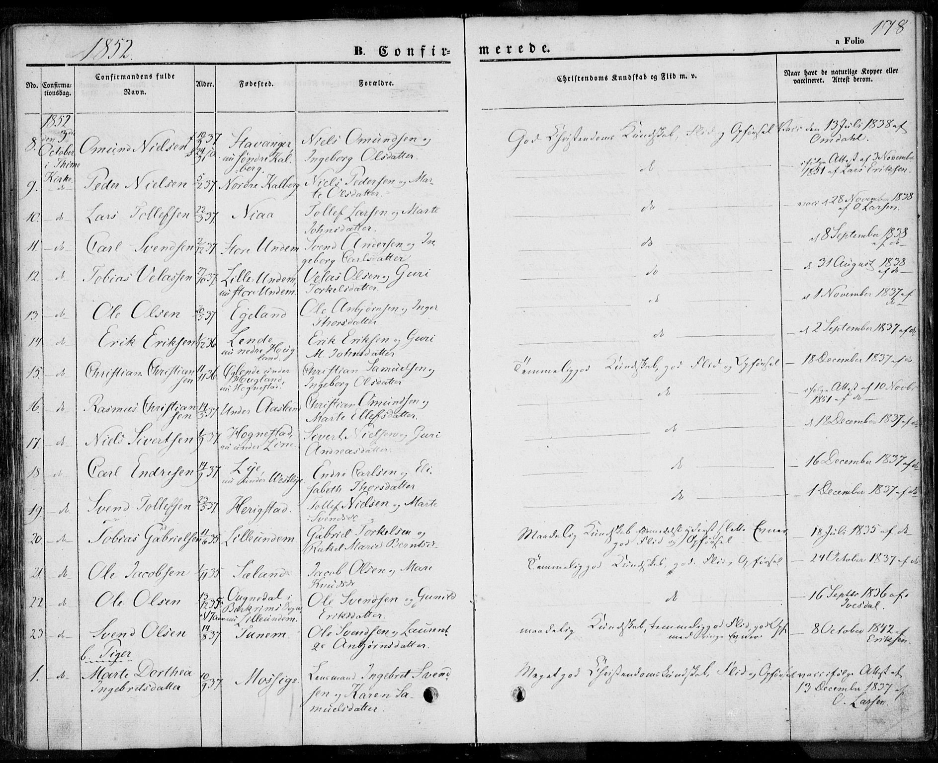 Lye sokneprestkontor, AV/SAST-A-101794/001/30BA/L0005: Parish register (official) no. A 5.1, 1842-1855, p. 178