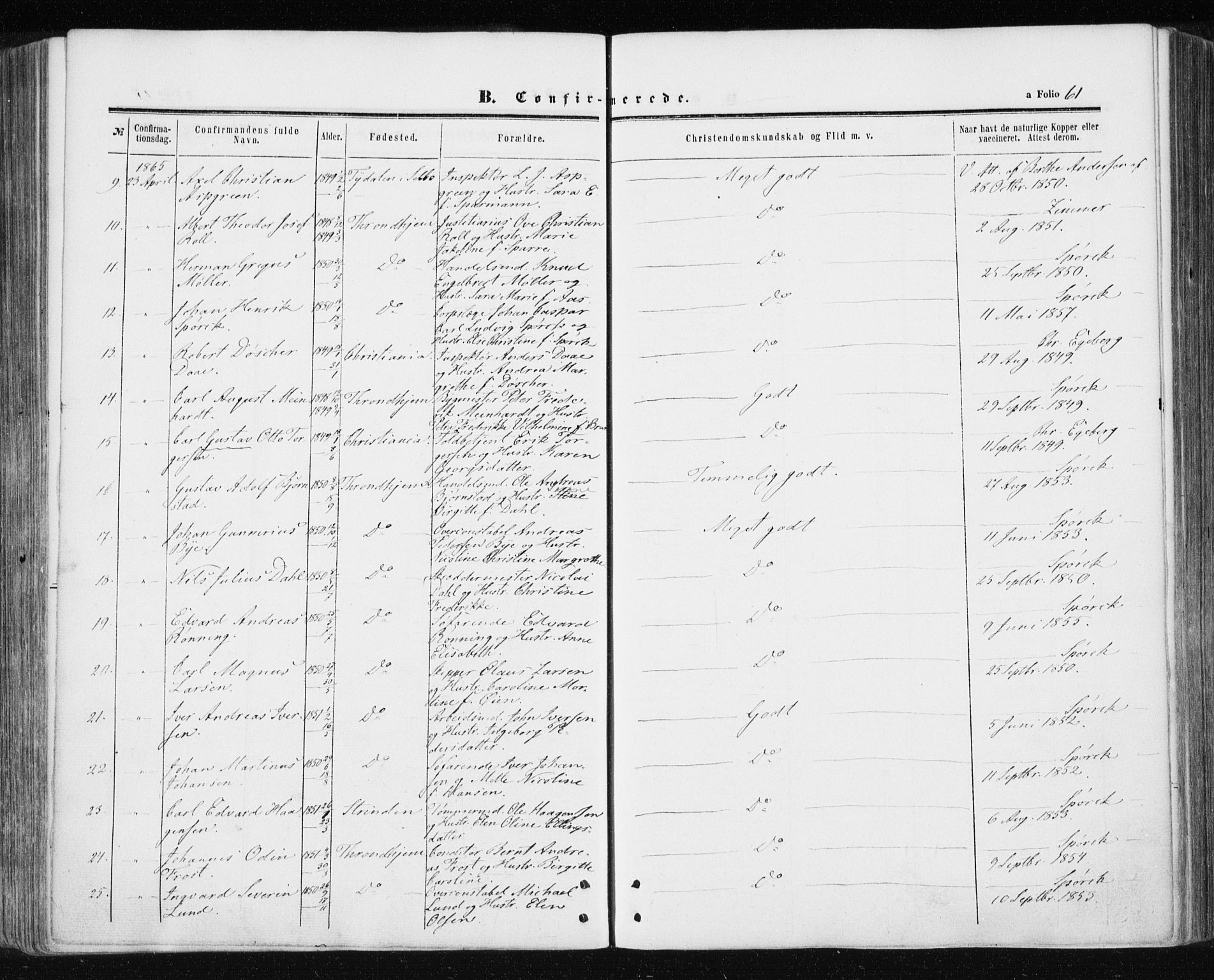 Ministerialprotokoller, klokkerbøker og fødselsregistre - Sør-Trøndelag, AV/SAT-A-1456/601/L0053: Parish register (official) no. 601A21, 1857-1865, p. 61