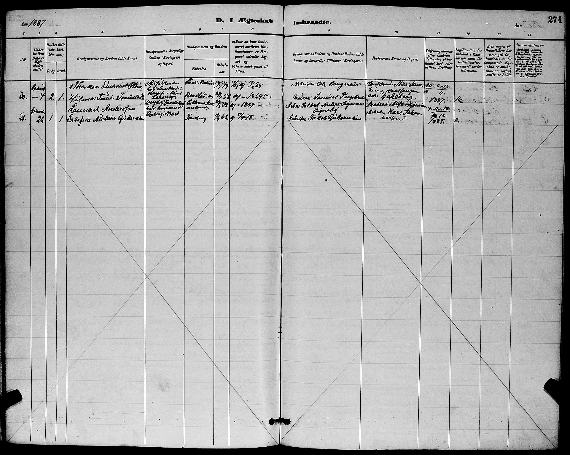 Tønsberg kirkebøker, AV/SAKO-A-330/G/Ga/L0006: Parish register (copy) no. 6, 1885-1895, p. 274