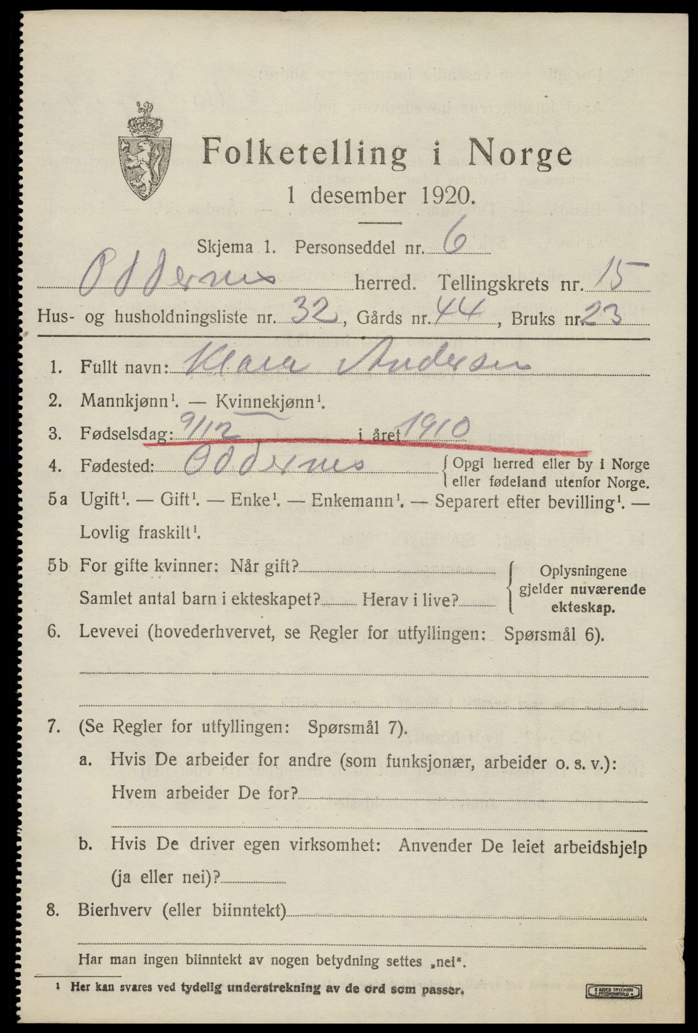 SAK, 1920 census for Oddernes, 1920, p. 10351
