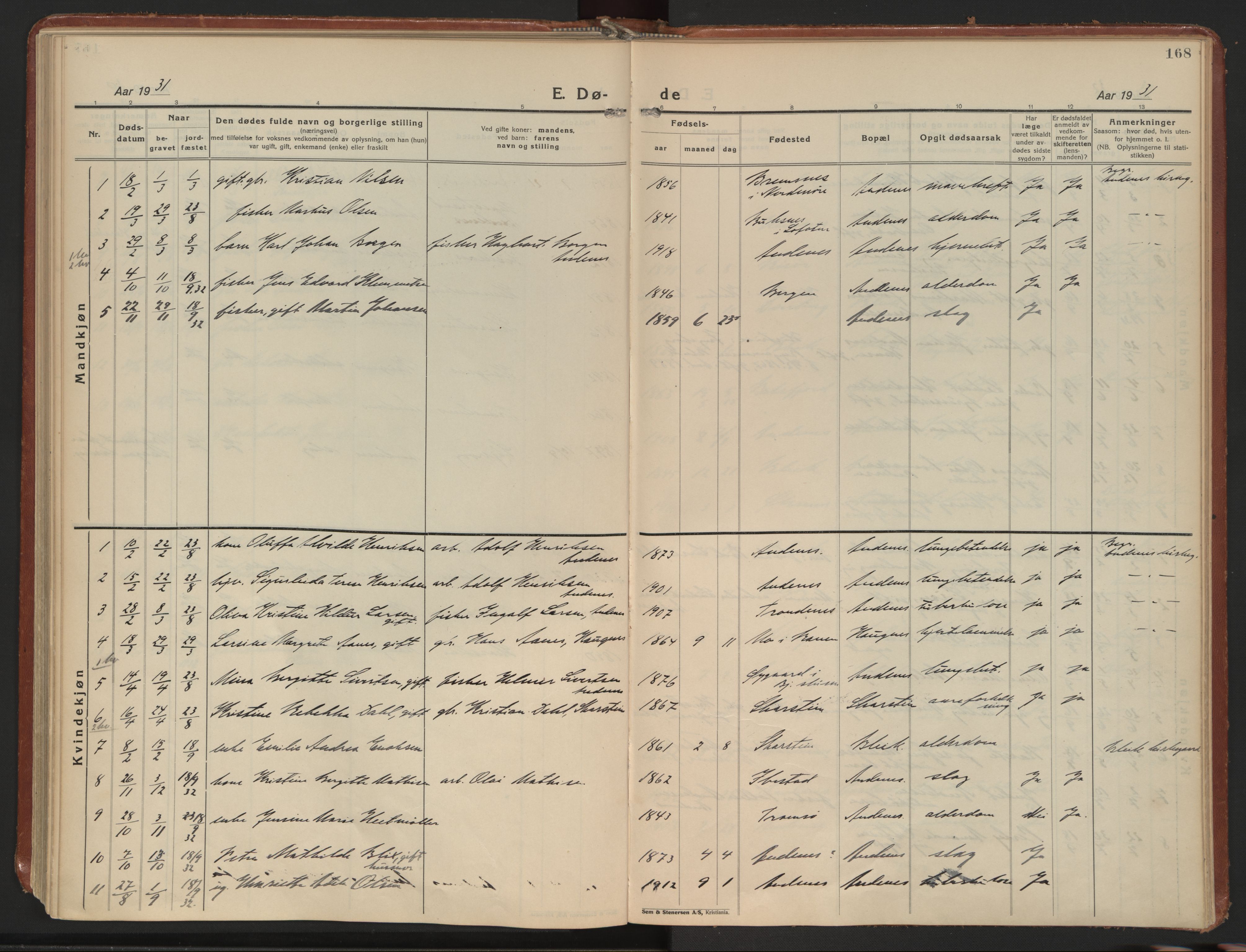 Ministerialprotokoller, klokkerbøker og fødselsregistre - Nordland, SAT/A-1459/899/L1441: Parish register (official) no. 899A09, 1923-1939, p. 168