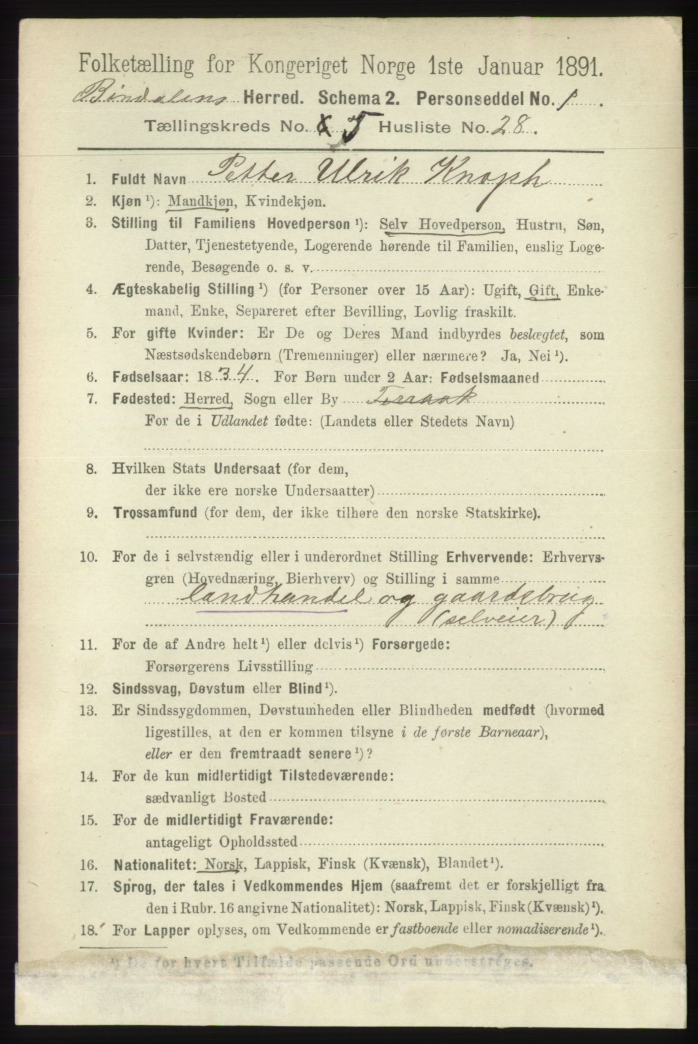 RA, 1891 census for 1811 Bindal, 1891, p. 1339