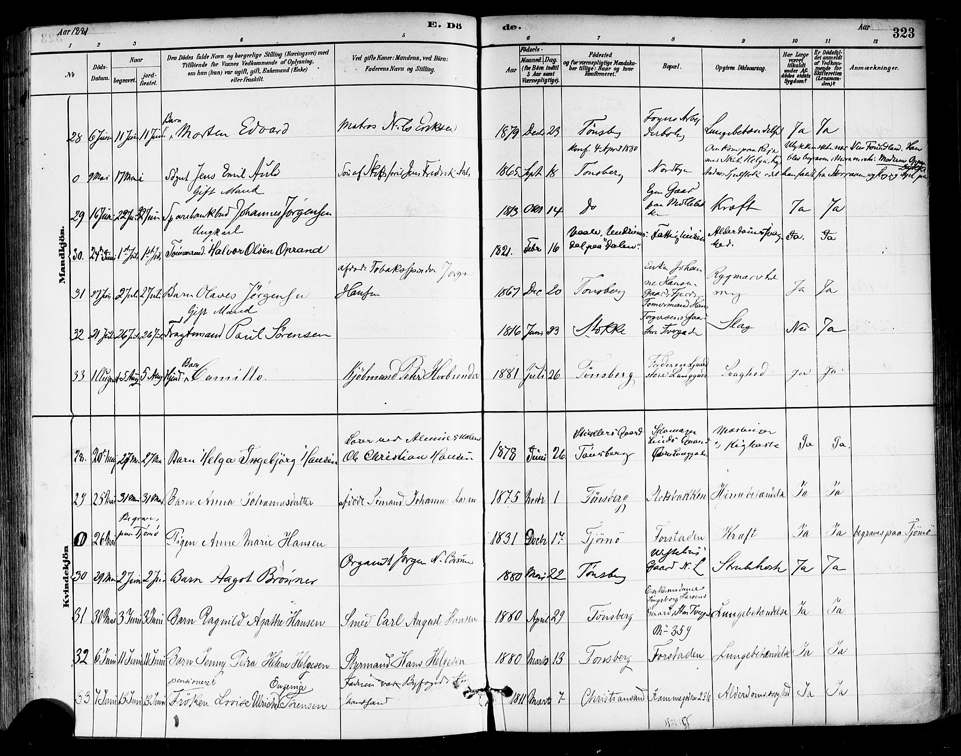 Tønsberg kirkebøker, AV/SAKO-A-330/F/Fa/L0011: Parish register (official) no. I 11, 1881-1890, p. 323