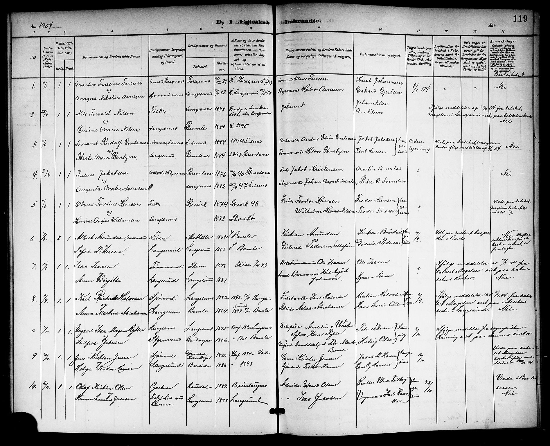 Langesund kirkebøker, SAKO/A-280/G/Ga/L0006: Parish register (copy) no. 6, 1899-1918, p. 119