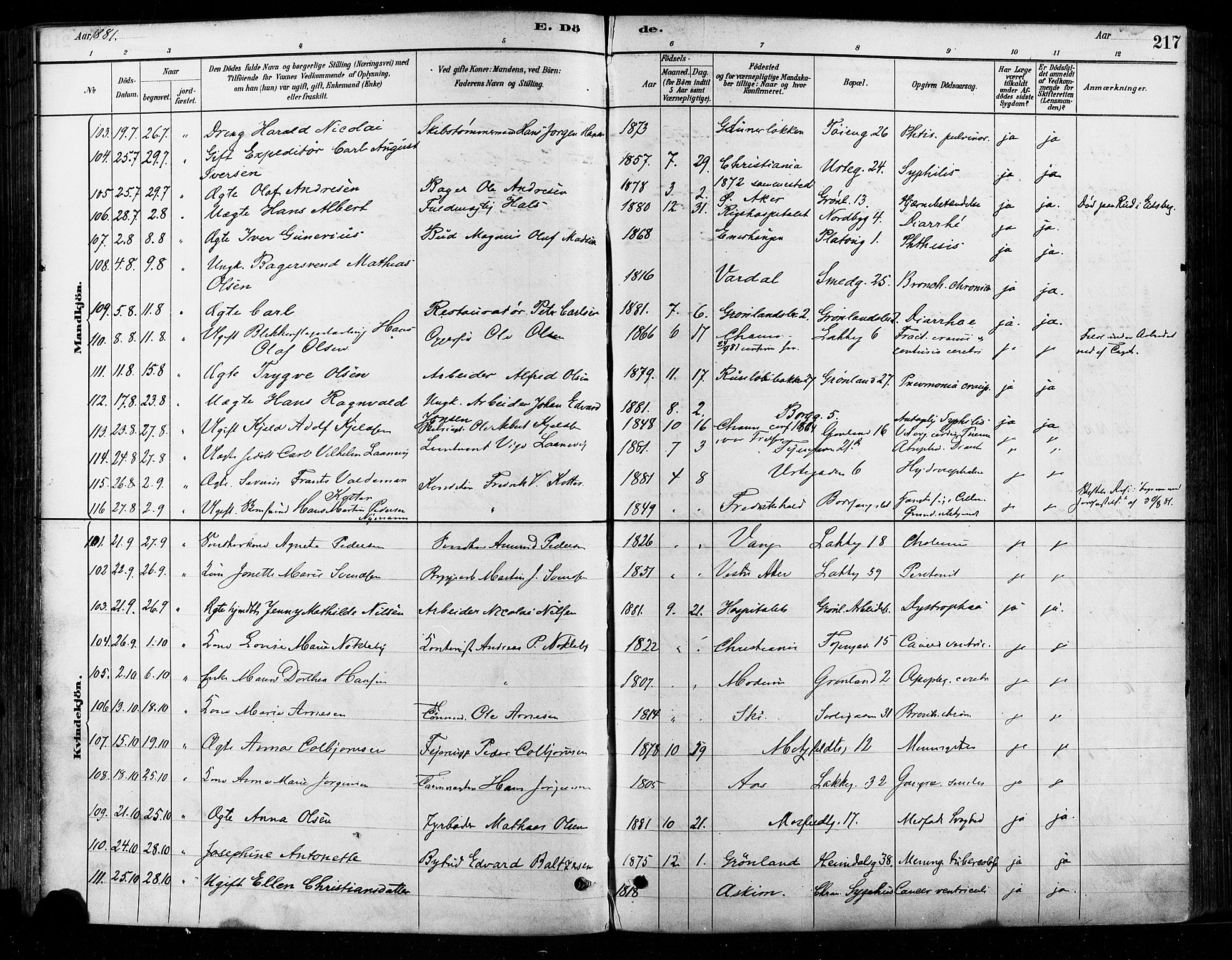 Grønland prestekontor Kirkebøker, AV/SAO-A-10848/F/Fa/L0008: Parish register (official) no. 8, 1881-1893, p. 217