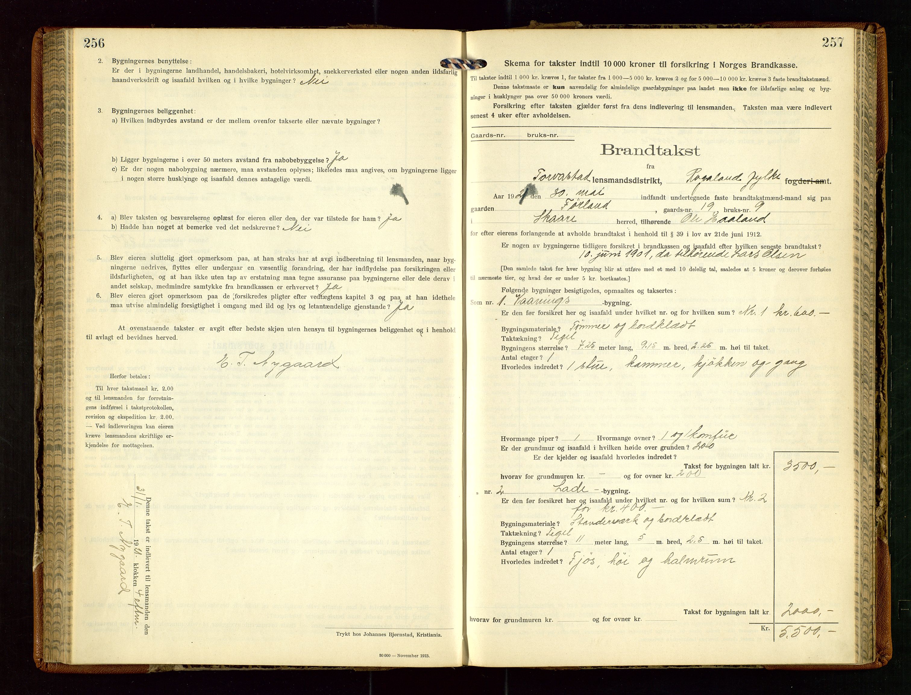 Torvestad lensmannskontor, AV/SAST-A-100307/1/Gob/L0005: "Brandtaxationsprotokol for Torvestad Lensmannsdistrikt", 1915-1928, p. 256-257