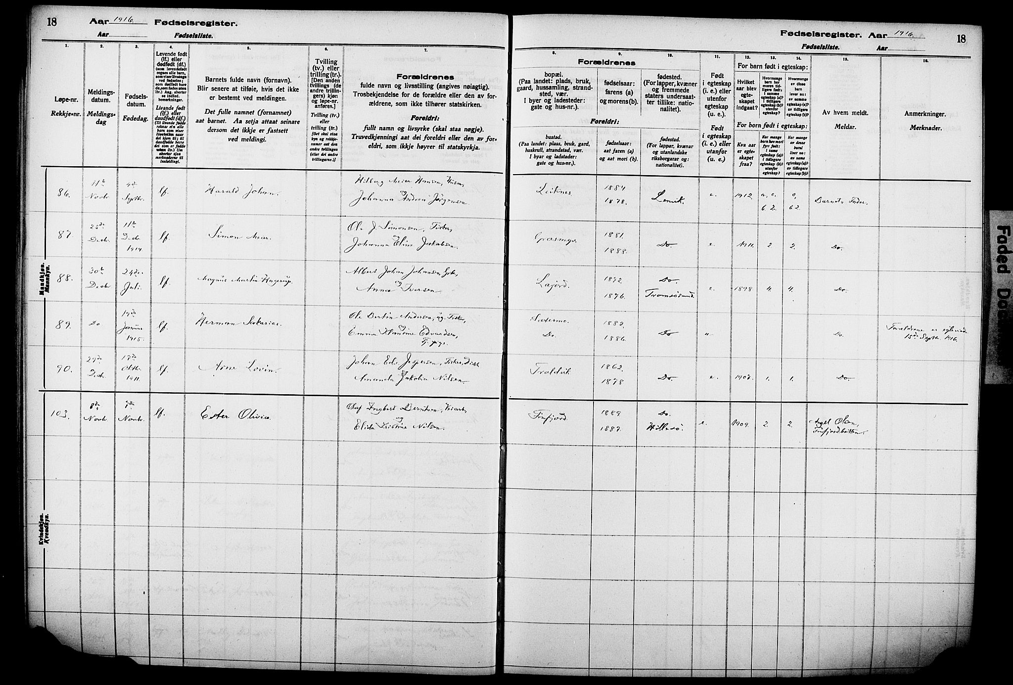 Lenvik sokneprestembete, AV/SATØ-S-1310/I/Ic/L0089: Birth register no. 89, 1916-1926, p. 18