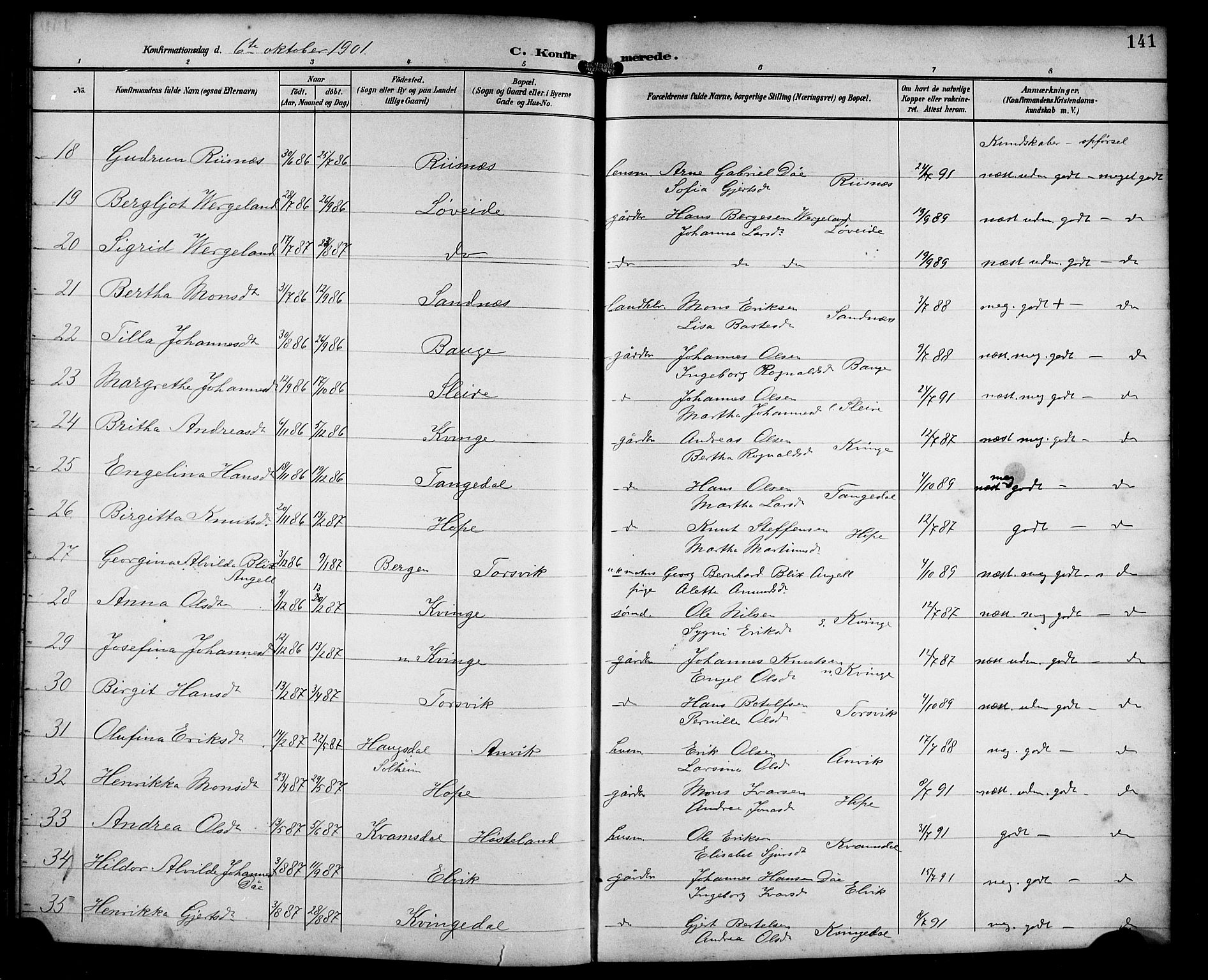 Masfjorden Sokneprestembete, SAB/A-77001: Parish register (copy) no. B 1, 1892-1913, p. 141
