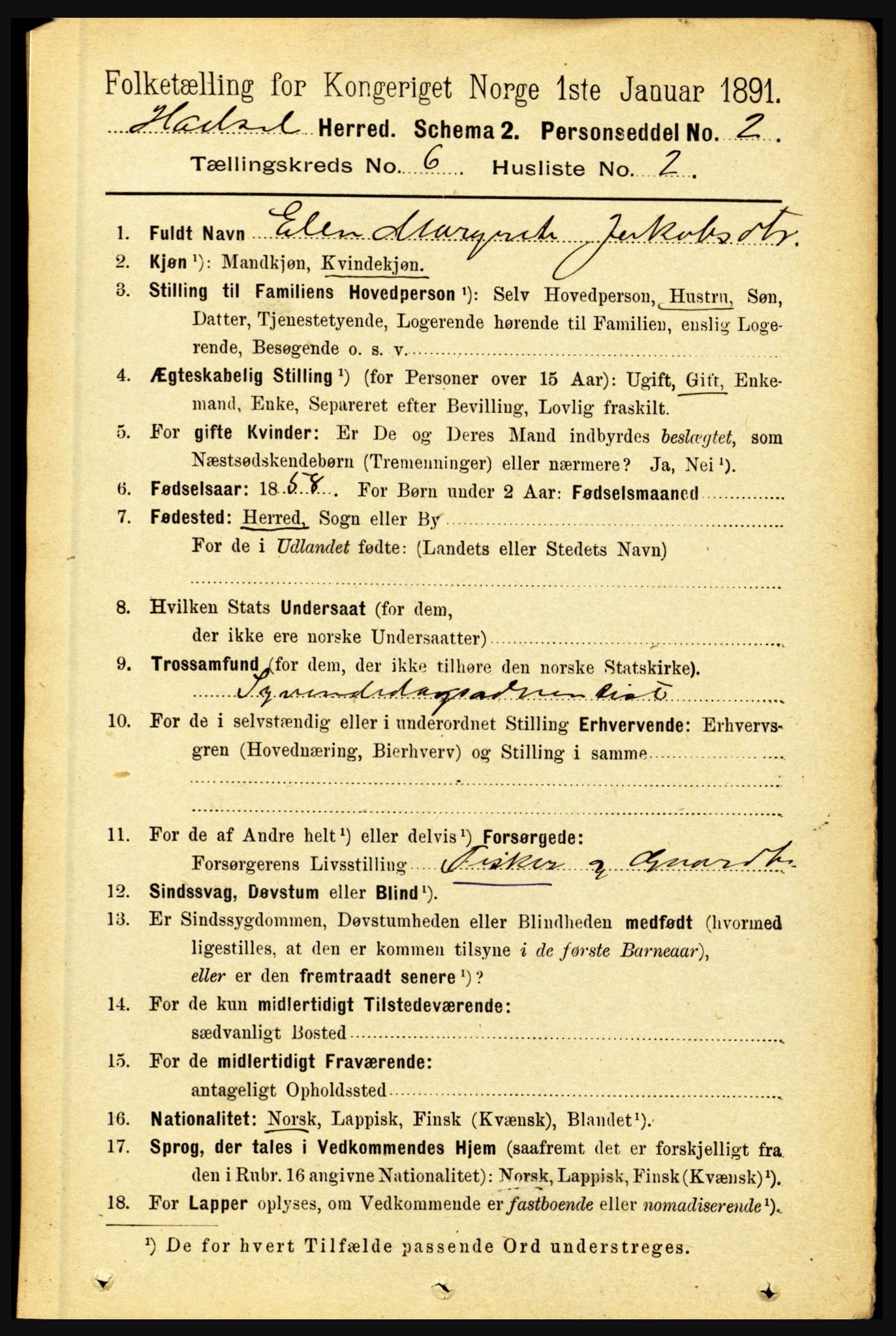 RA, 1891 census for 1866 Hadsel, 1891, p. 2644