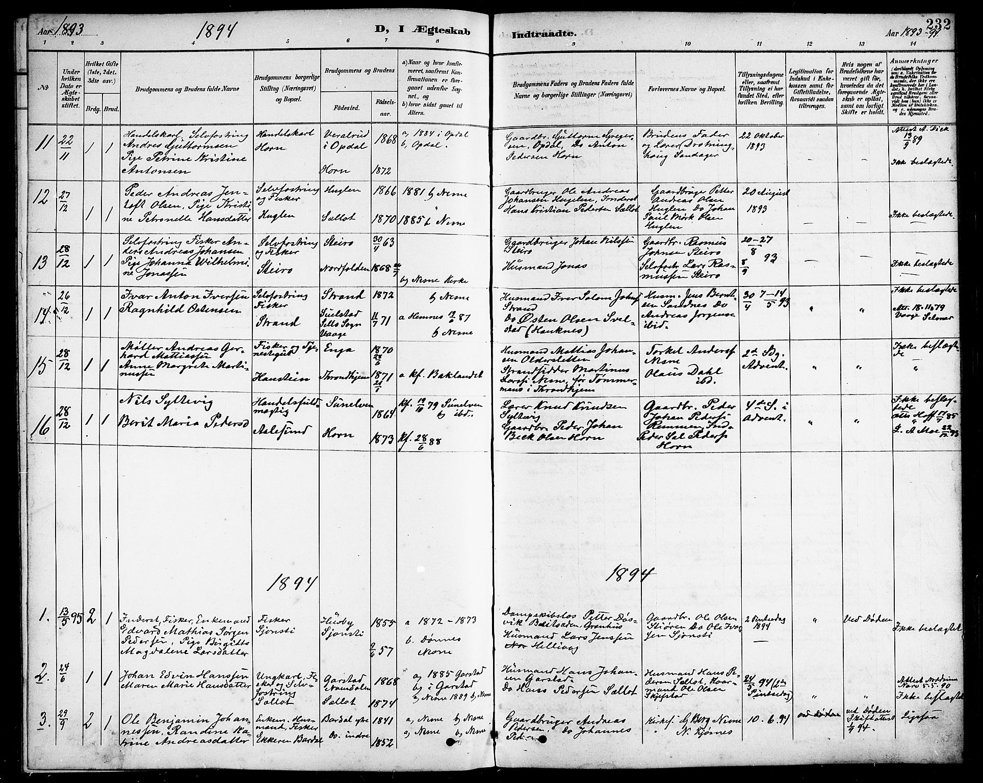 Ministerialprotokoller, klokkerbøker og fødselsregistre - Nordland, AV/SAT-A-1459/838/L0559: Parish register (copy) no. 838C06, 1893-1910, p. 232