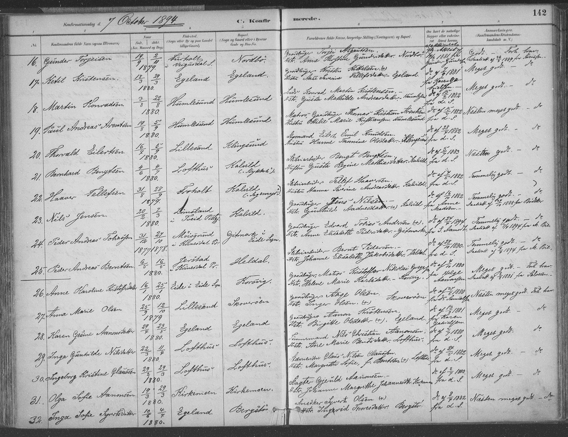 Vestre Moland sokneprestkontor, AV/SAK-1111-0046/F/Fa/Fab/L0009: Parish register (official) no. A 9, 1884-1899, p. 142