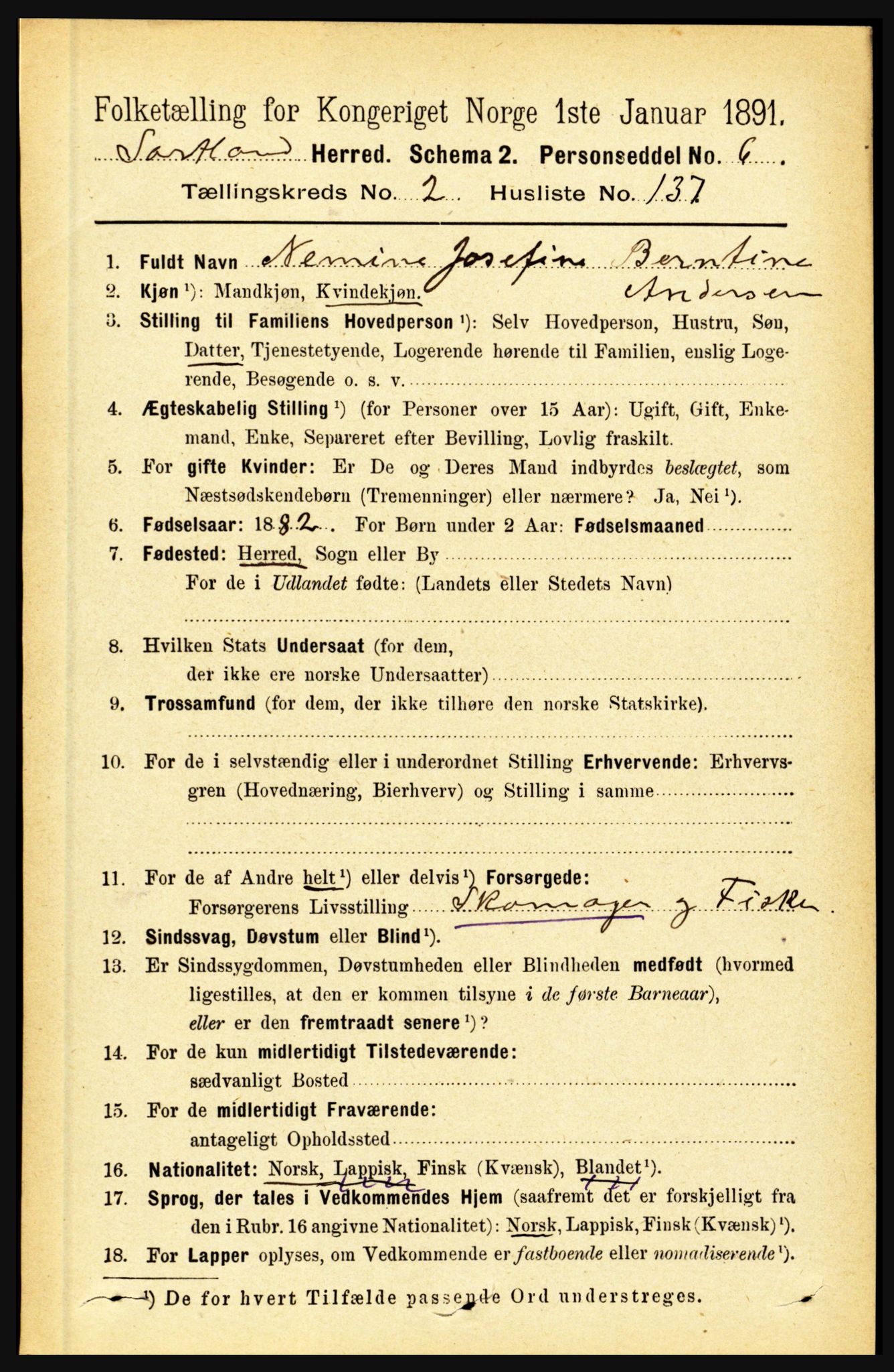 RA, 1891 census for 1870 Sortland, 1891, p. 2038