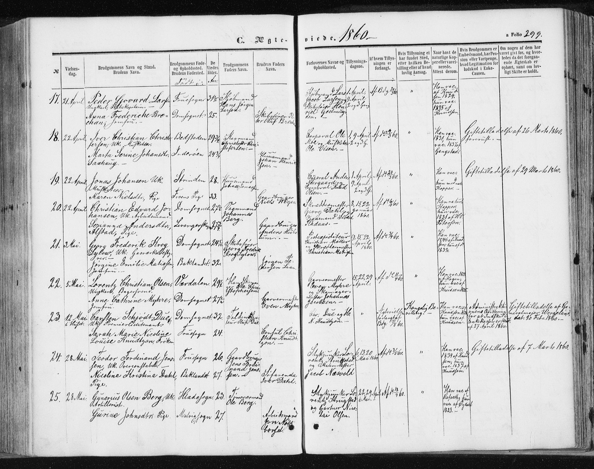 Ministerialprotokoller, klokkerbøker og fødselsregistre - Sør-Trøndelag, SAT/A-1456/602/L0115: Parish register (official) no. 602A13, 1860-1872, p. 299