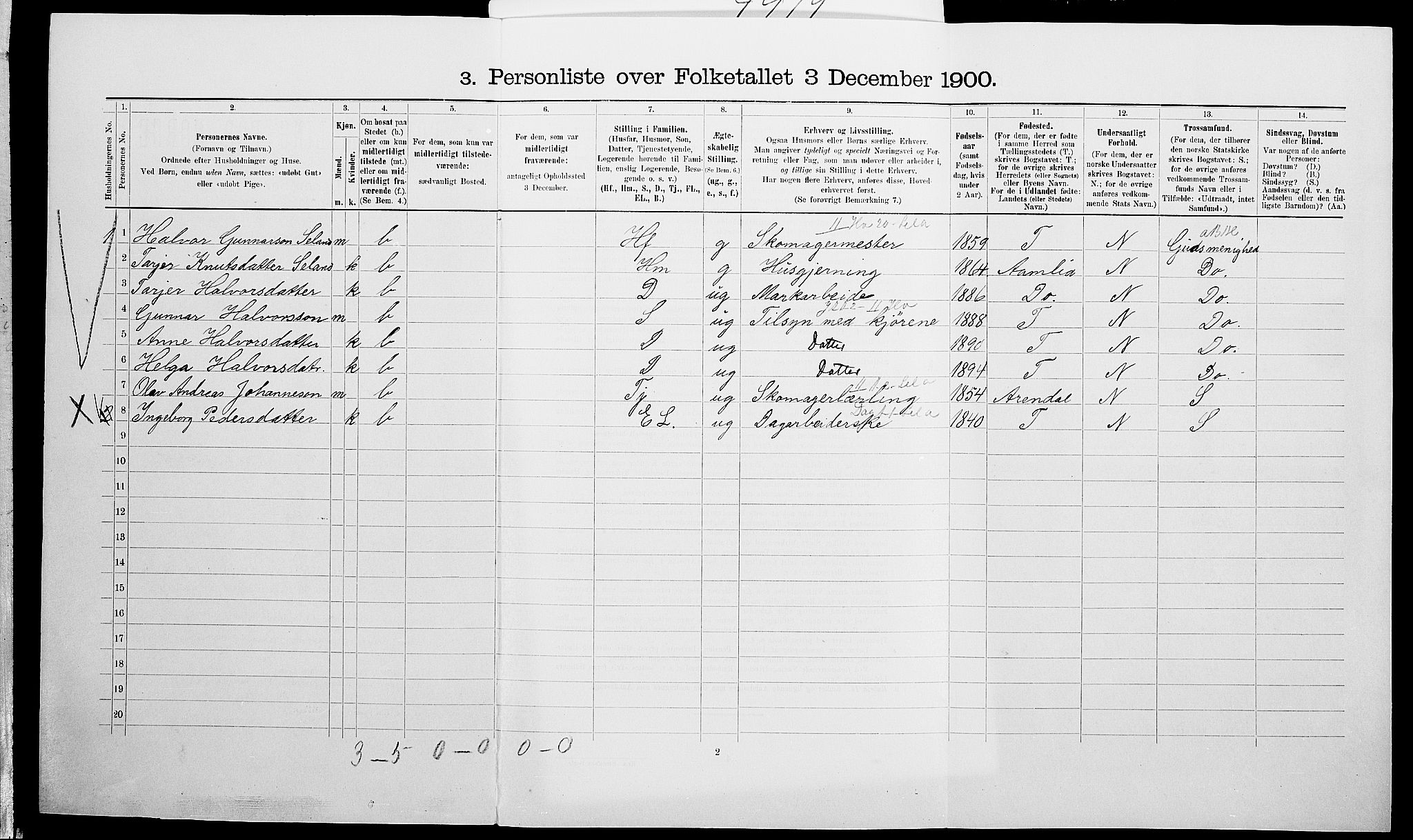 SAK, 1900 census for Vegårshei, 1900, p. 206