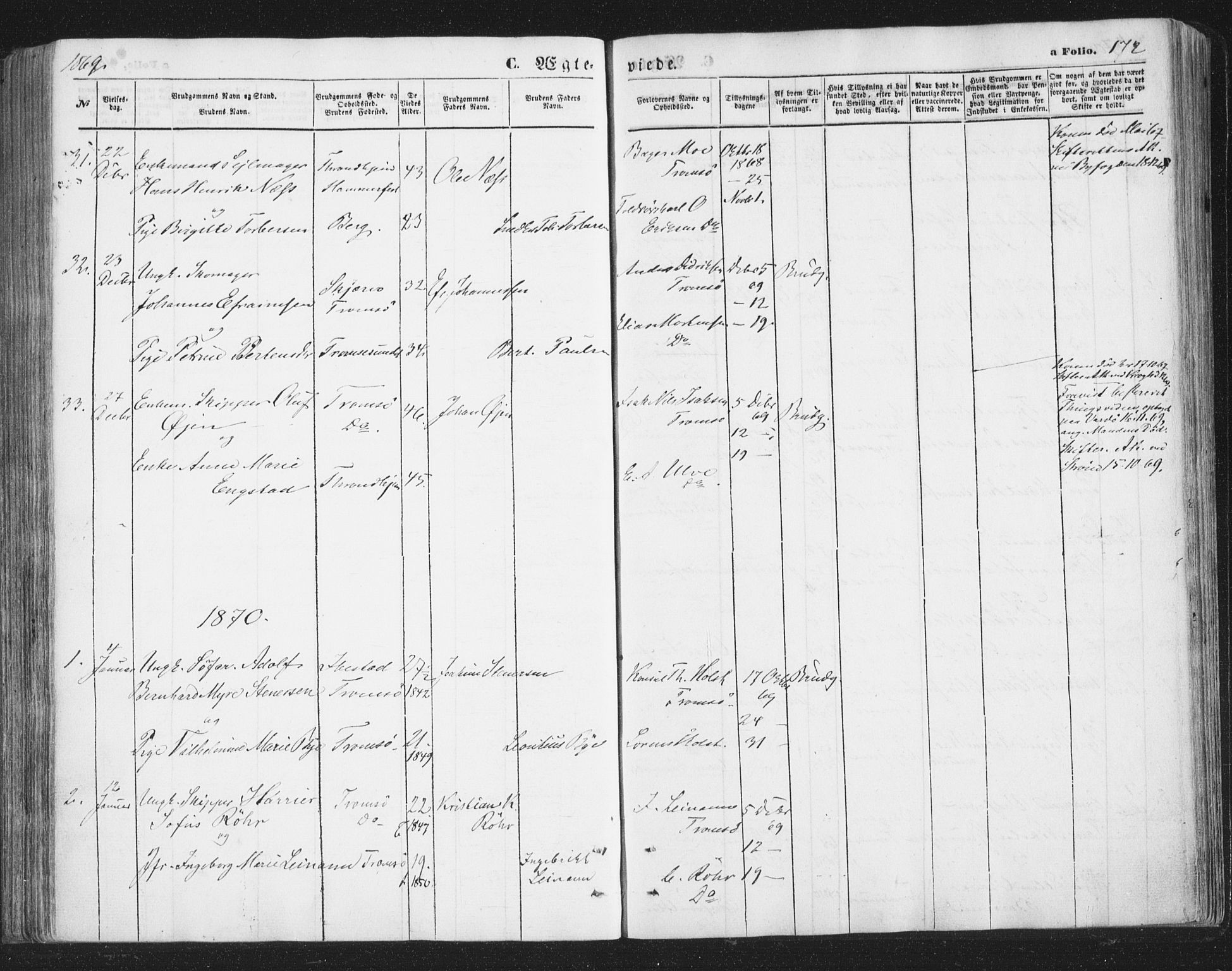 Tromsø sokneprestkontor/stiftsprosti/domprosti, SATØ/S-1343/G/Ga/L0012kirke: Parish register (official) no. 12, 1865-1871, p. 172