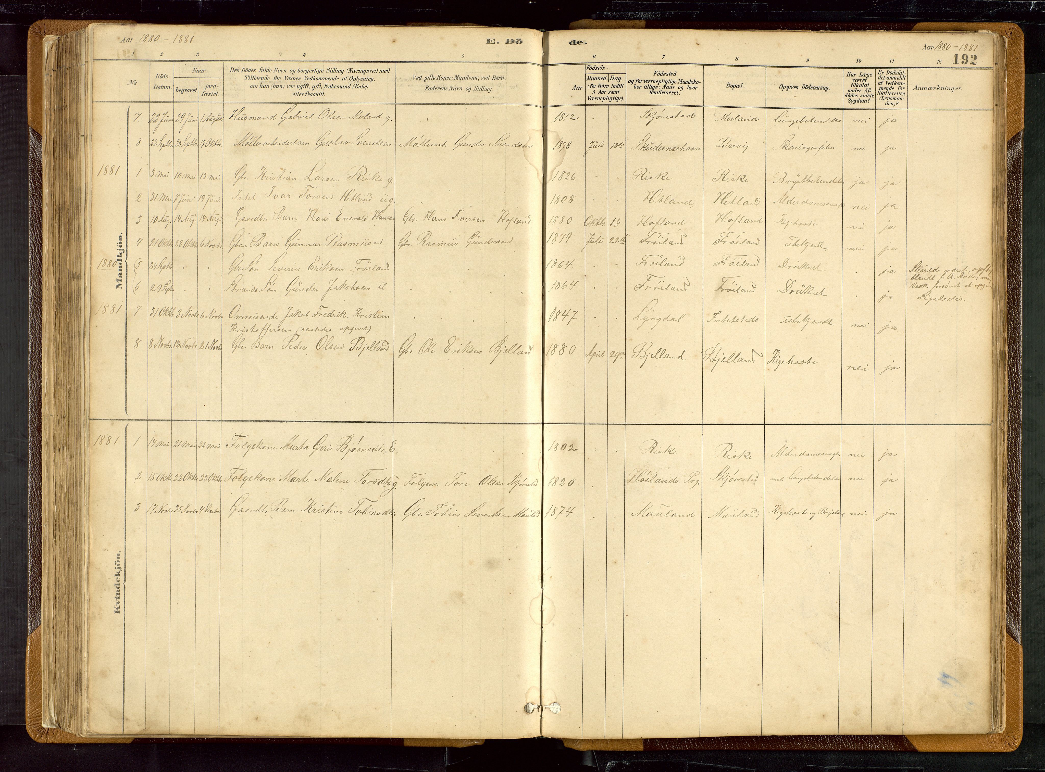 Hetland sokneprestkontor, SAST/A-101826/30/30BB/L0007: Parish register (copy) no. B 7, 1878-1910, p. 192
