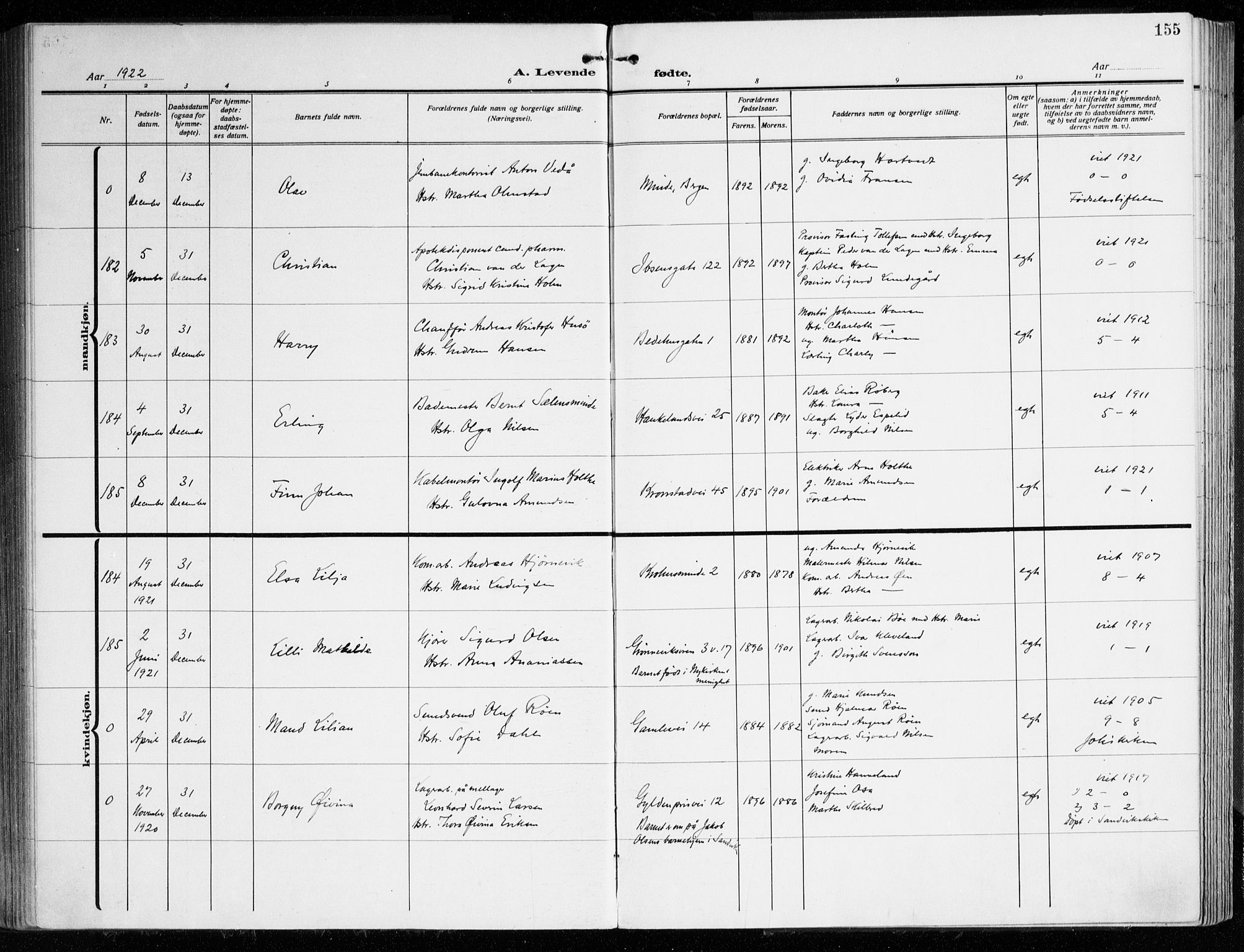 Årstad Sokneprestembete, AV/SAB-A-79301/H/Haa/L0004: Parish register (official) no. A 4, 1919-1928, p. 155