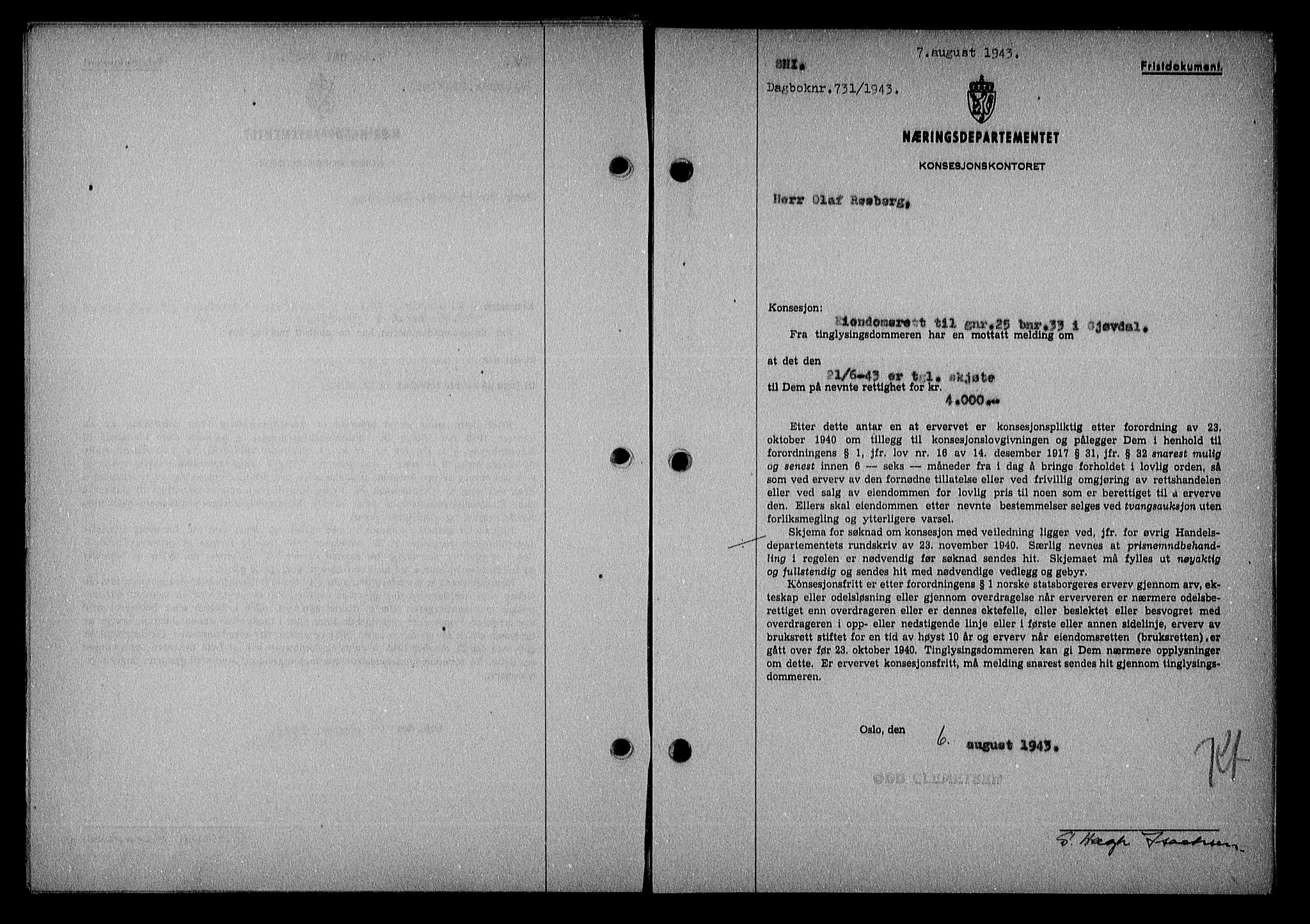 Nedenes sorenskriveri, AV/SAK-1221-0006/G/Gb/Gba/L0051: Mortgage book no. A-V, 1943-1944, Diary no: : 731/1943