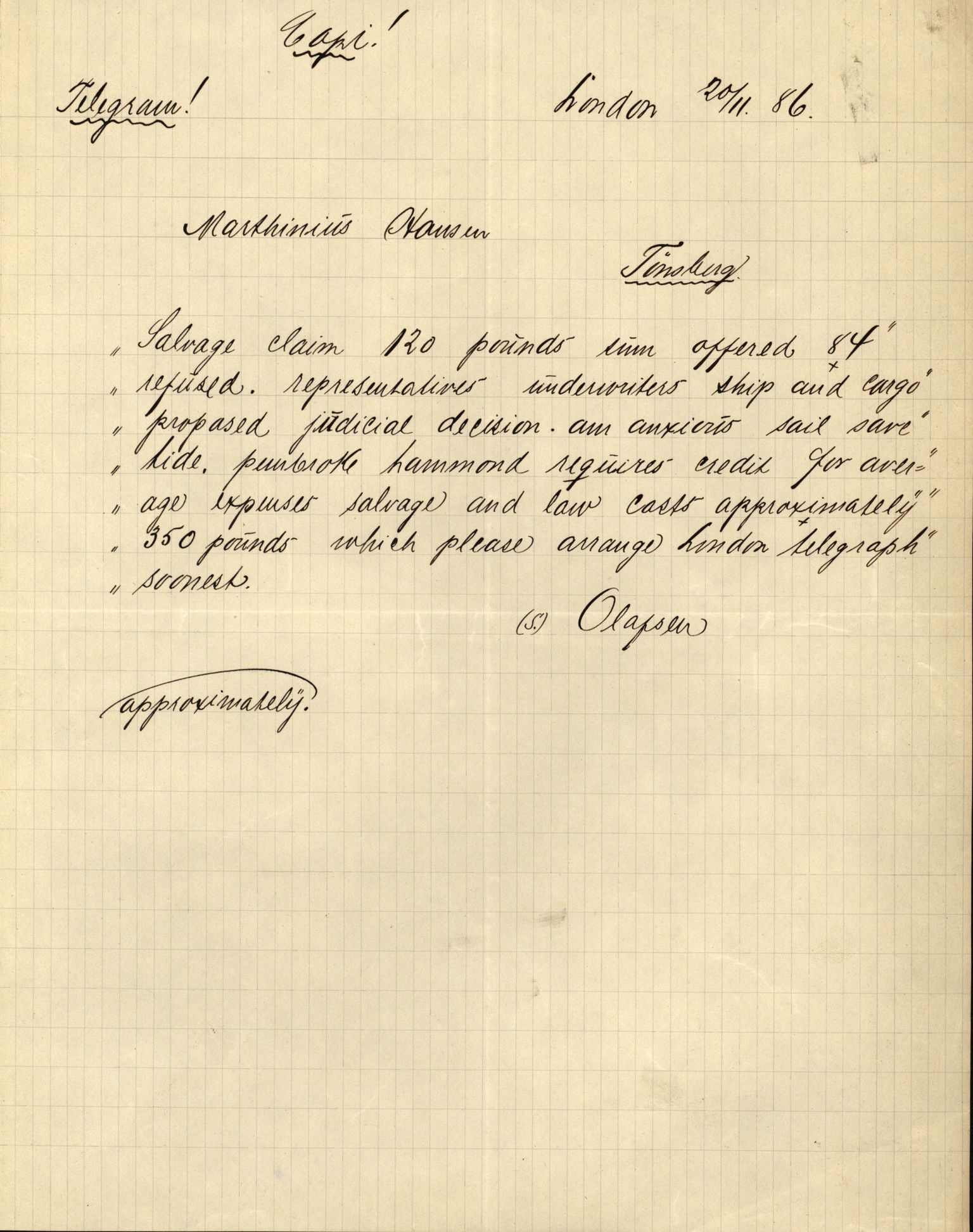 Pa 63 - Østlandske skibsassuranceforening, VEMU/A-1079/G/Ga/L0019/0001: Havaridokumenter / Telanak, Telefon, Ternen, Sir John Lawrence, Benguela, 1886, p. 48