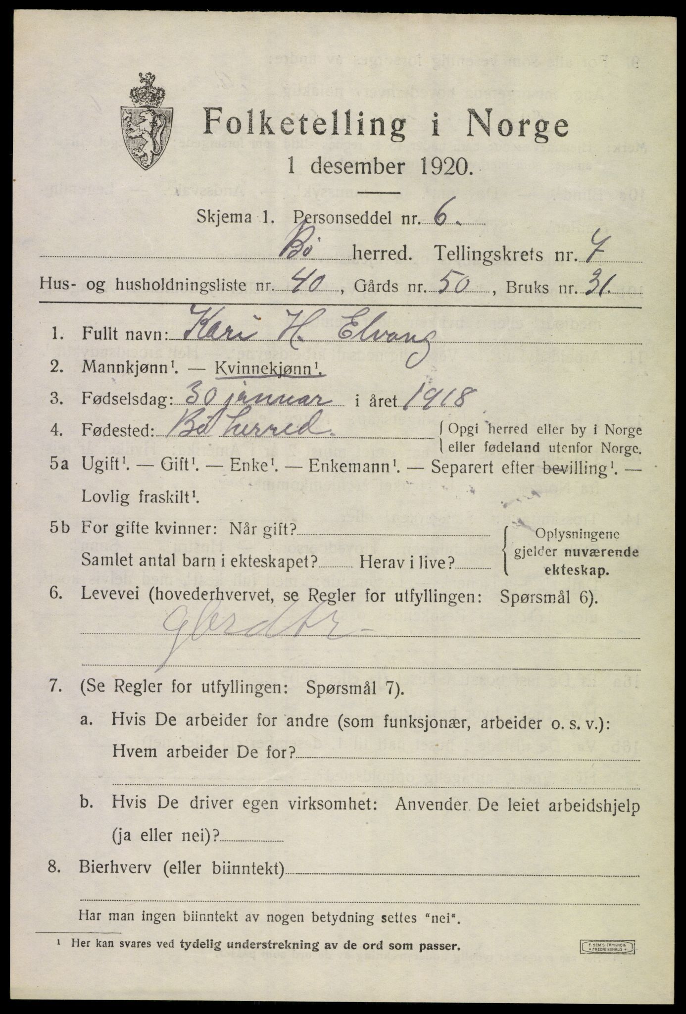 SAKO, 1920 census for Bø (Telemark), 1920, p. 5492