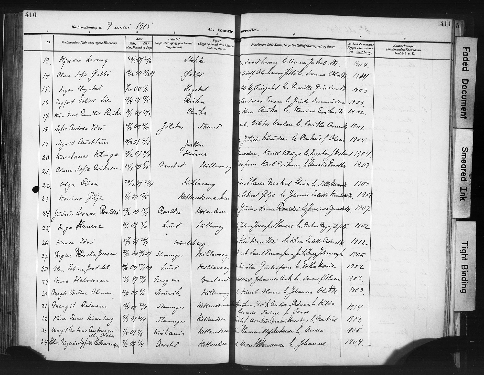 Hetland sokneprestkontor, AV/SAST-A-101826/30/30BA/L0013: Parish register (official) no. A 13, 1904-1918, p. 410-411