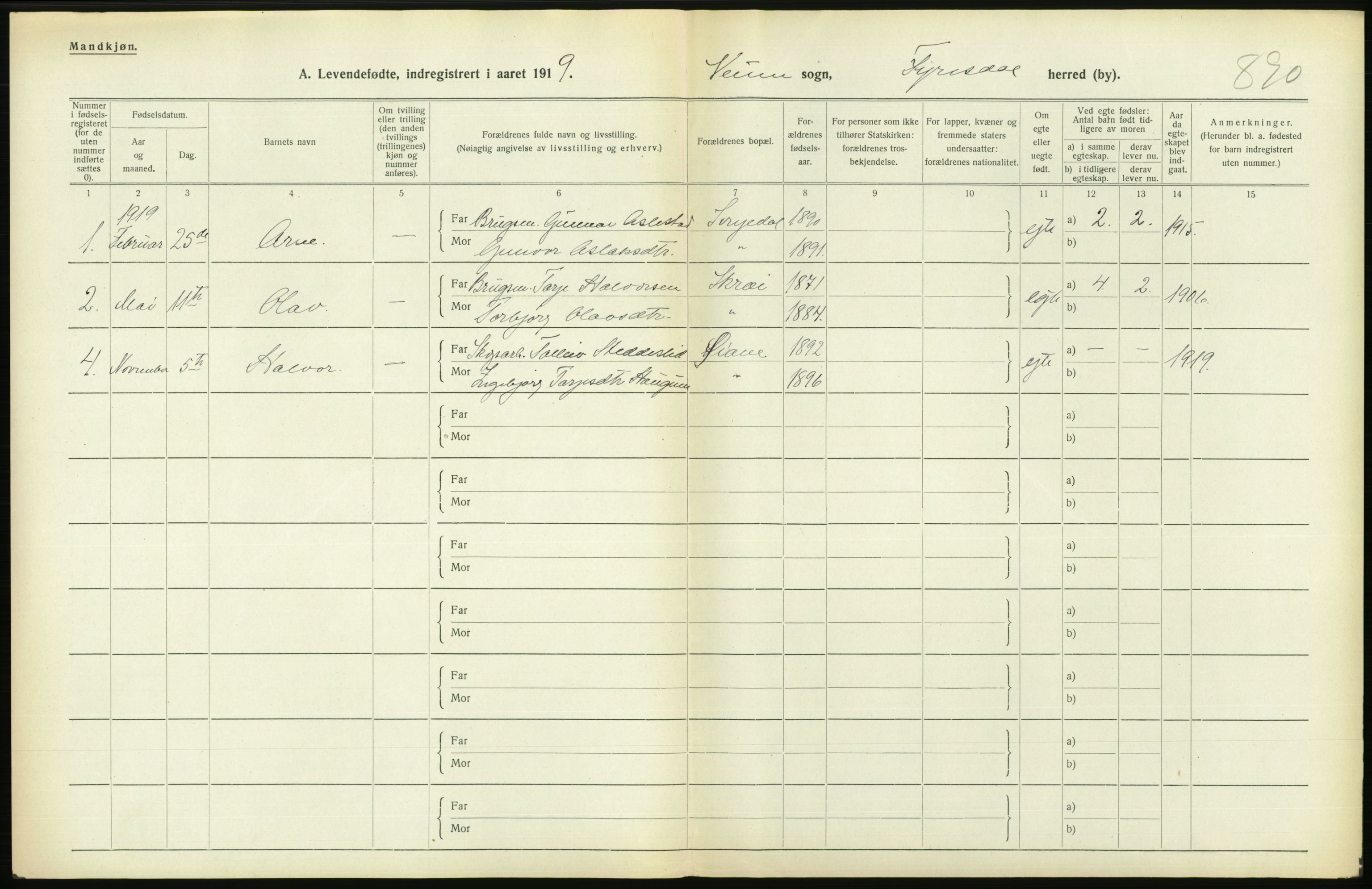 Statistisk sentralbyrå, Sosiodemografiske emner, Befolkning, AV/RA-S-2228/D/Df/Dfb/Dfbi/L0021: Telemark fylke: Levendefødte menn og kvinner. Bygder., 1919, p. 264