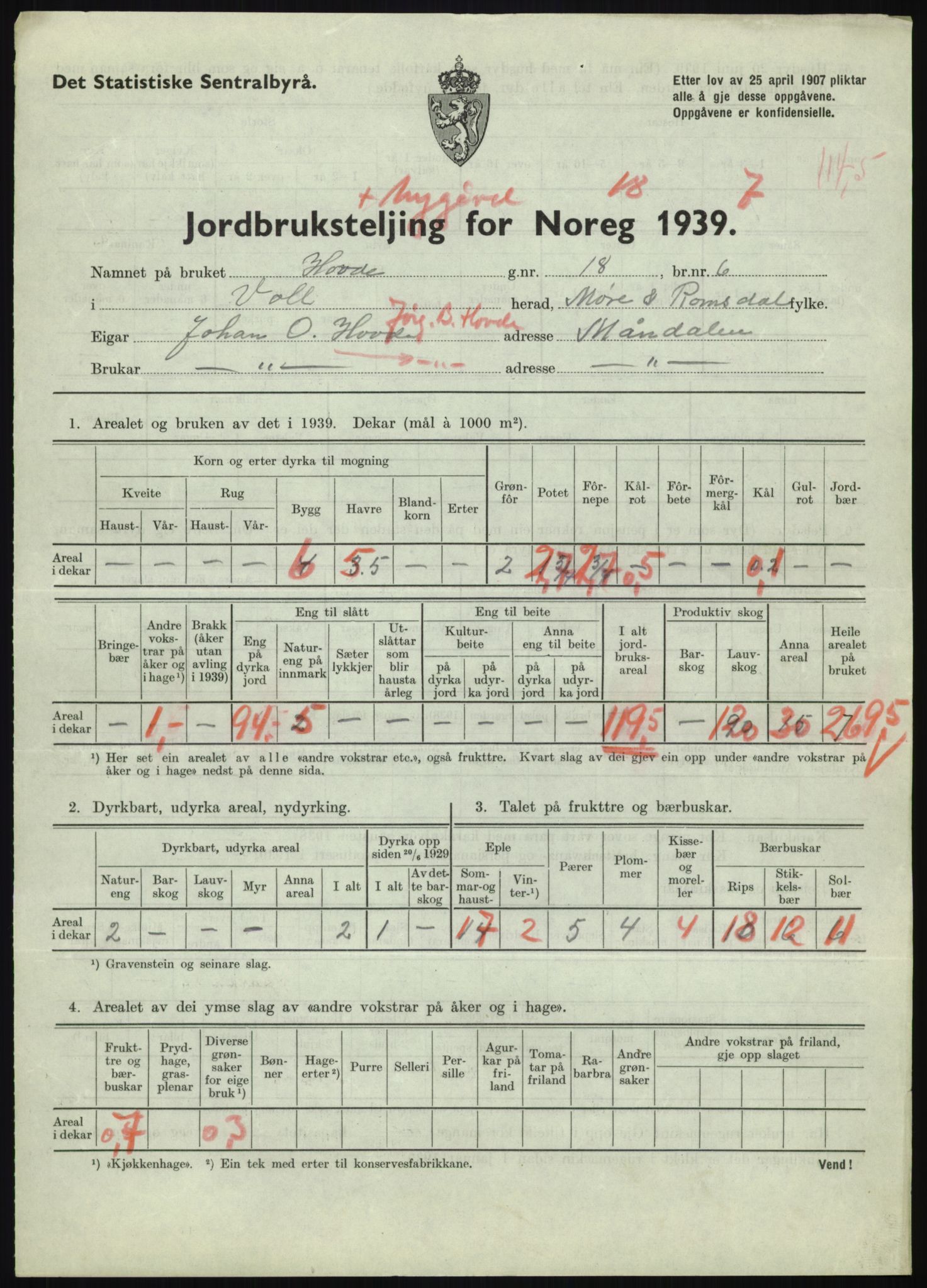 Statistisk sentralbyrå, Næringsøkonomiske emner, Jordbruk, skogbruk, jakt, fiske og fangst, AV/RA-S-2234/G/Gb/L0251: Møre og Romsdal: Voll, Eid, Grytten og Hen, 1939, p. 321