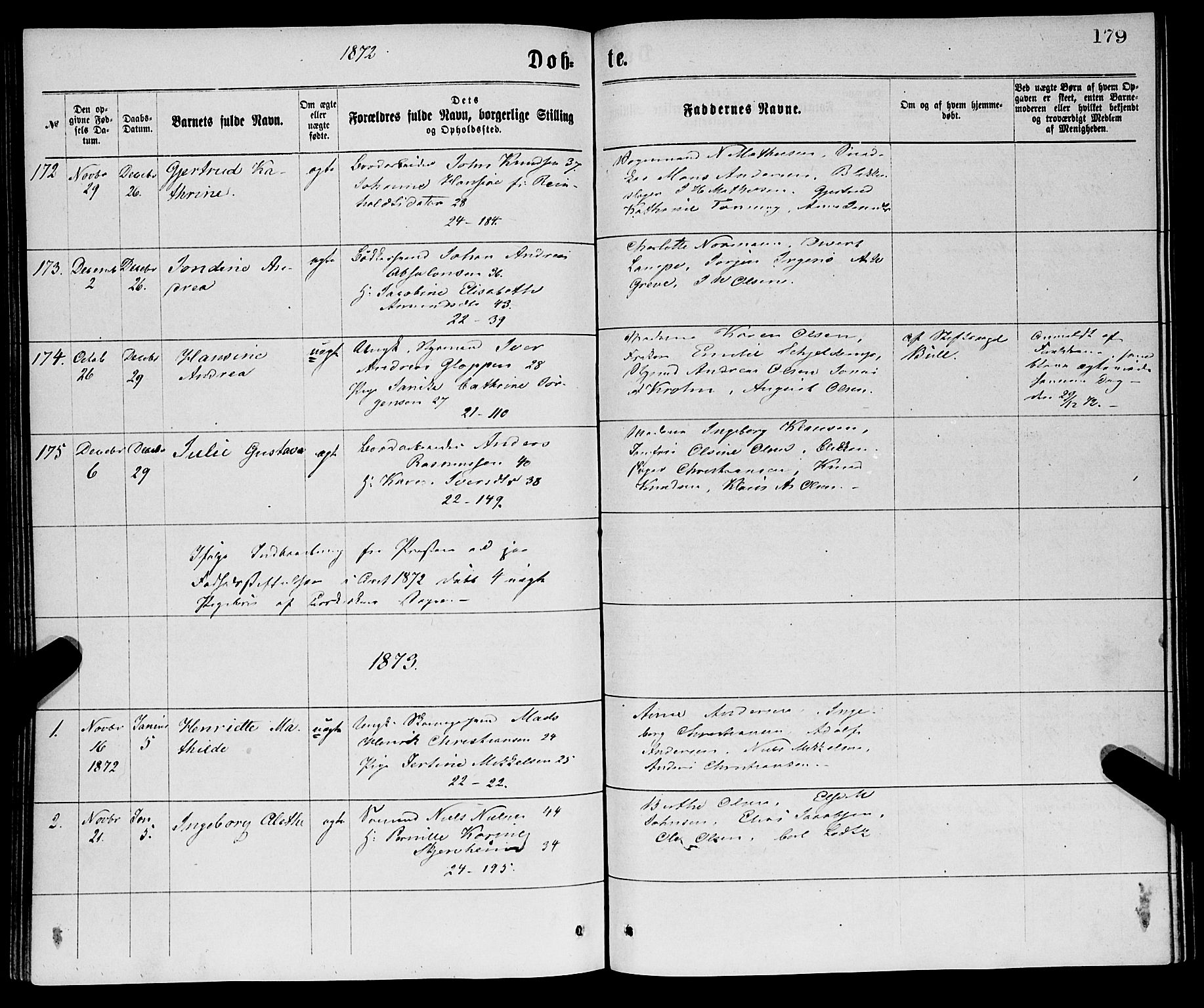 Korskirken sokneprestembete, SAB/A-76101/H/Haa/L0020: Parish register (official) no. B 6, 1871-1878, p. 179