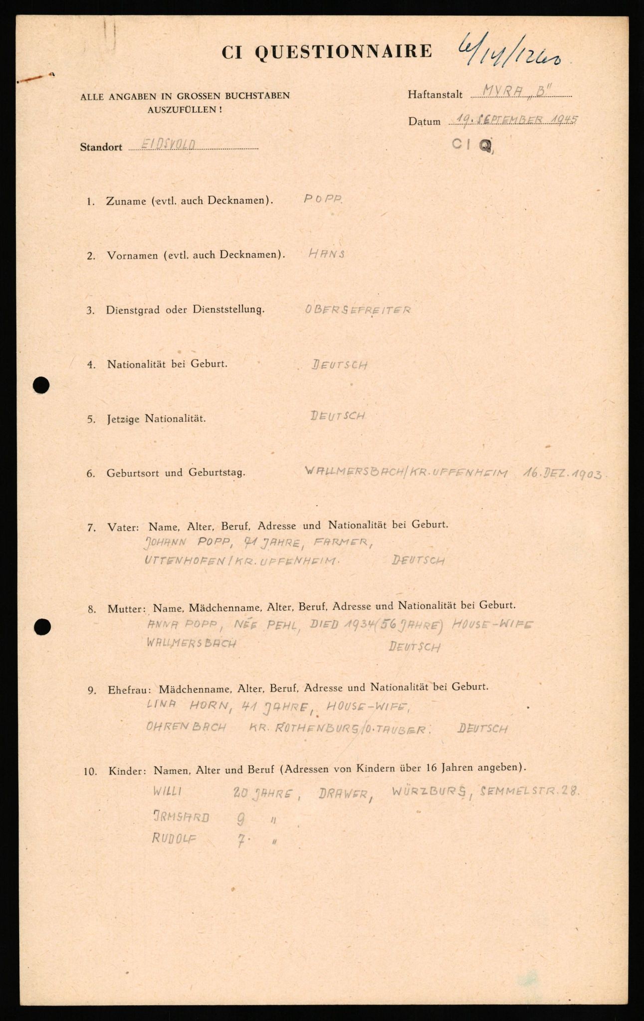 Forsvaret, Forsvarets overkommando II, AV/RA-RAFA-3915/D/Db/L0026: CI Questionaires. Tyske okkupasjonsstyrker i Norge. Tyskere., 1945-1946, p. 264